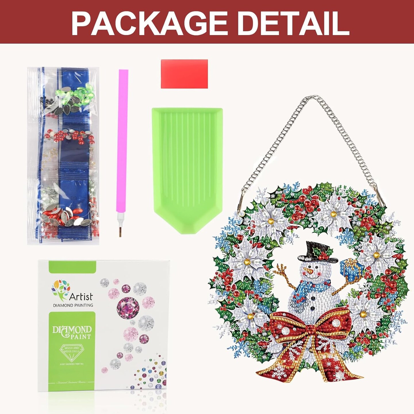 Christmas Diamond Painting Hanging Ornament, 5D Special Shape Snowman Wreath Diamond Art, Crafts for Adults DIY Gem Art, Acrylic Home Garden Decor Wall Art with Chain, Box Kit, 7.87x7.87inch