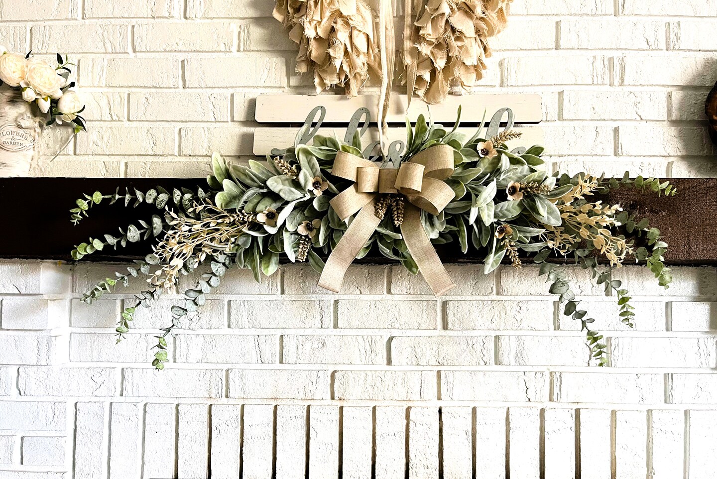 XL Farmhouse Swag, Neutral Bow, Lambs Ear, Eucalyptus, French