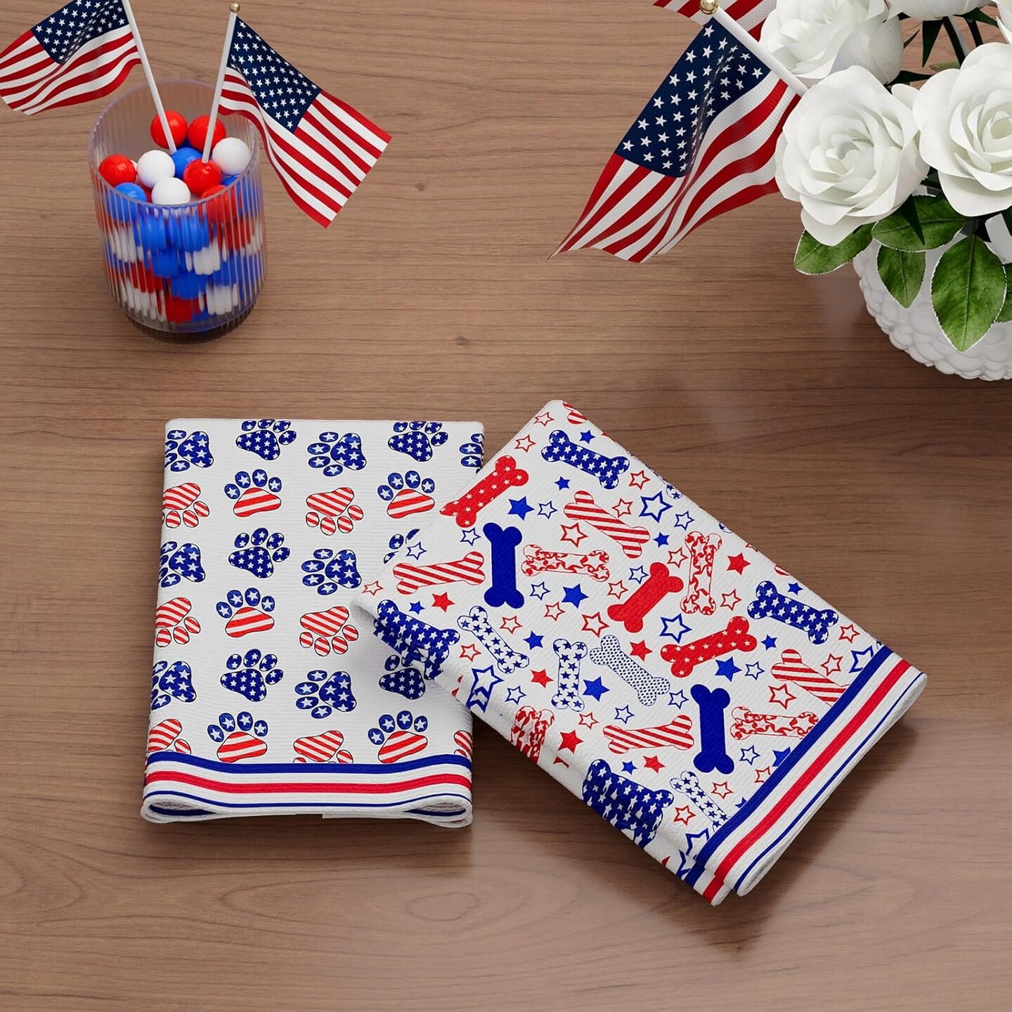 Dog Paws Bones Stars America Patriotic 4th of July Memorial Day Independence Day Kitchen Towels Dish Towels 18x26 Inch Home Decorations Hand Towels Set of 2 Drying Dishcloth