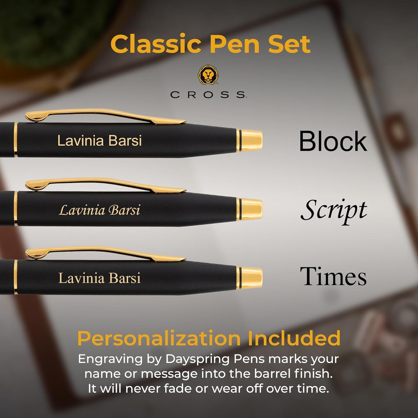 Cross Pen Set | Personalized Cross Classic Century Ballpoint Pen and 0.7mm Pencil Set. Matte Black Finish with Gold Trim. Iconic Cross Gift Set.