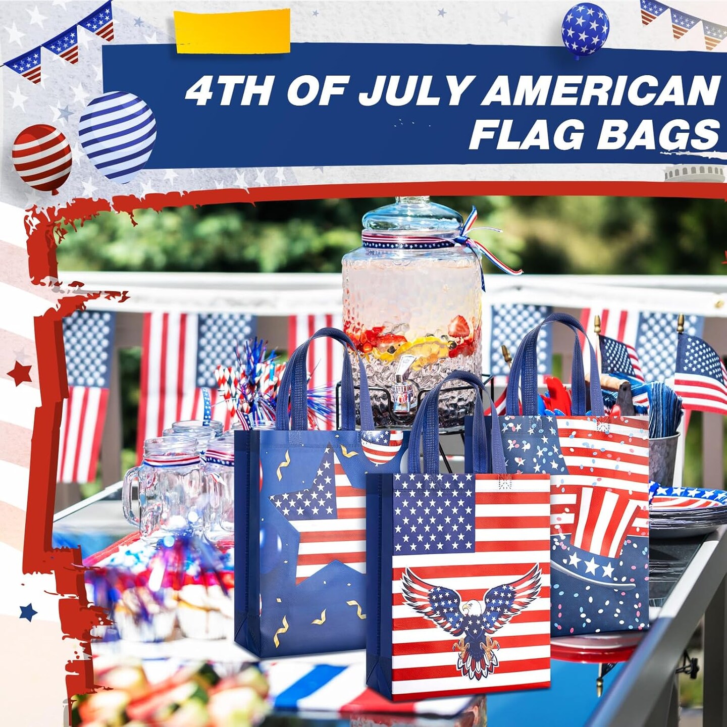 60 Pcs Patriotic Gift Bags Bulk Non Woven American Flag Party Favor Bags with Handles Memorial Day 4th of July Party Supplies