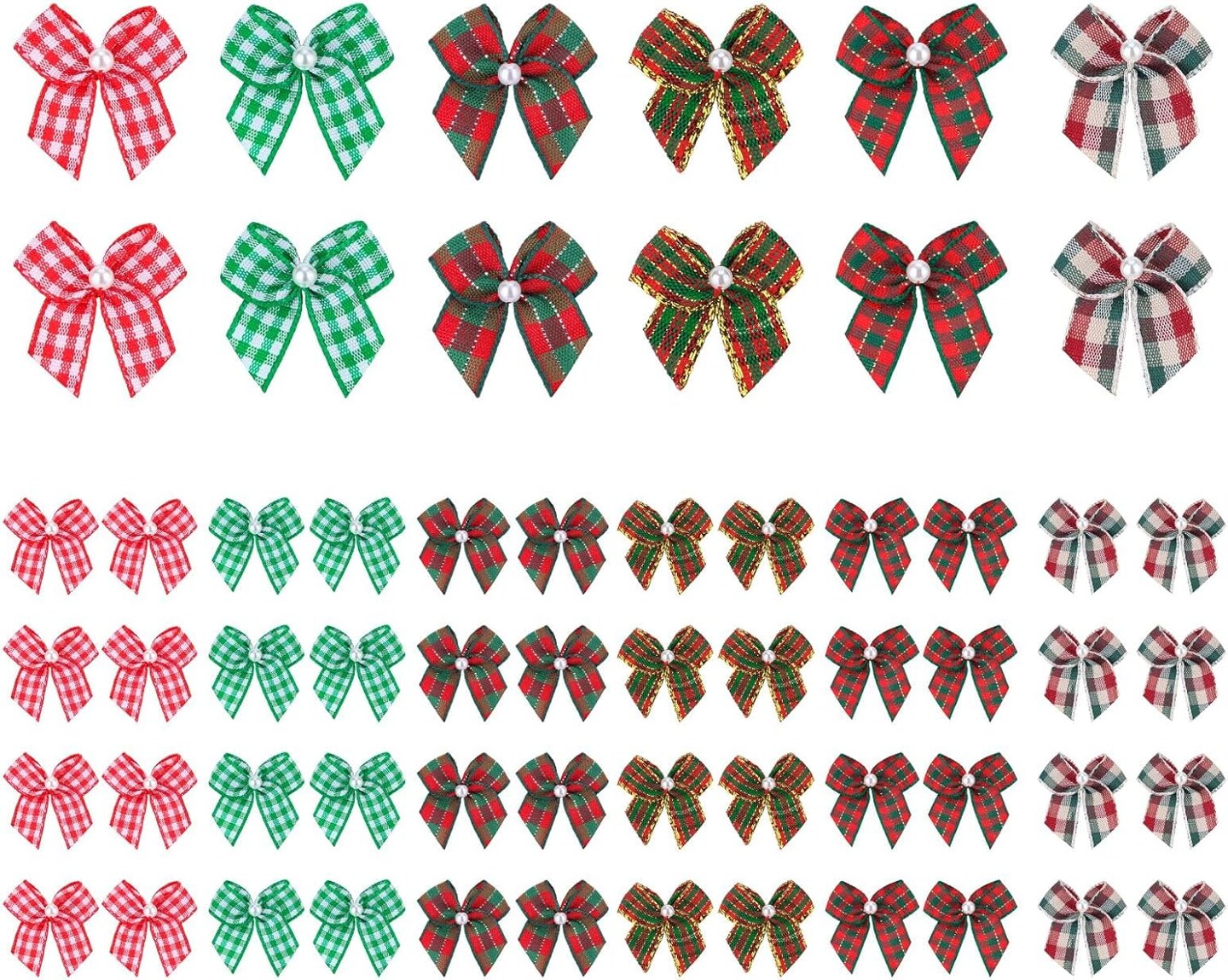 60pcs Mini Ribbon Bows with Pearl Ribbon Flowers Appliques DIY Craft for Sewing, Scrapbooking, Wedding, Gift,Christmas Decoration (red Green Plaid)