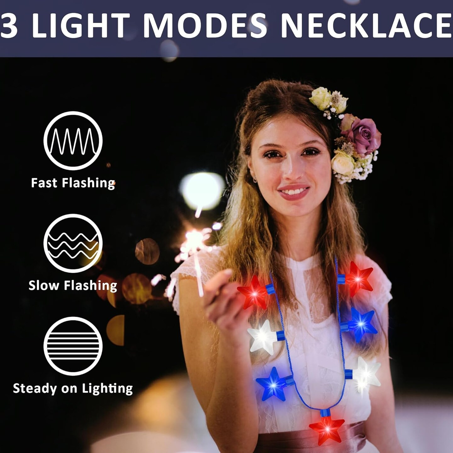4th of July Necklace Accessories, 1PCS Light up Independence Day Necklaces Party Favor, Red White Blue Patriotic Fourth of July 7 Light Necklace