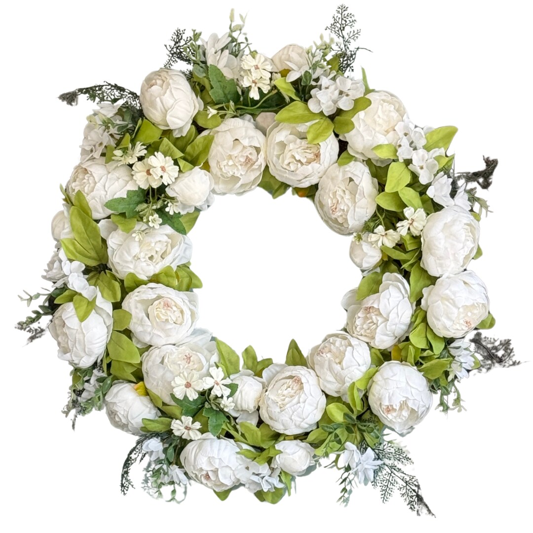 Zoey White Green Faux Peony Flower Wreath 23&#x22; All Season Indoor Outdoor Decor