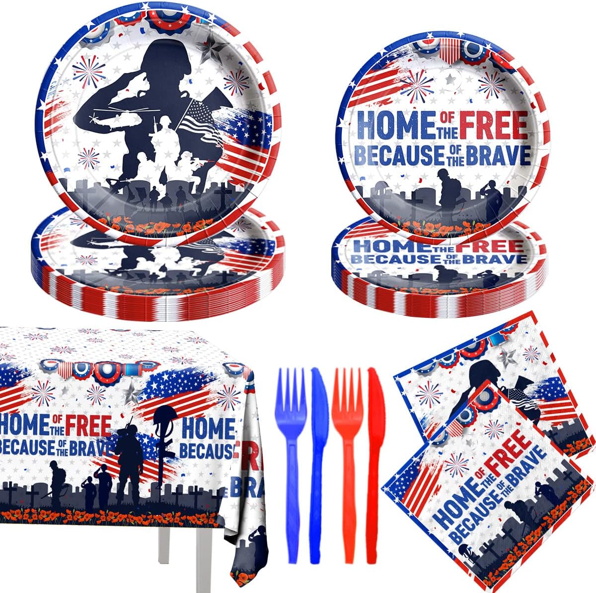 Memorial Day Decorations Tableware 121Pcs,Patriotic Soldier 4th of July Tableware set