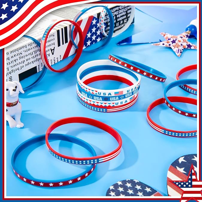 100 Pcs USA Rubber Wristbands Bulk American Flag Silicone Stretchable Bracelet Patriotic Veterans Rubber Bracelets Red White Blue