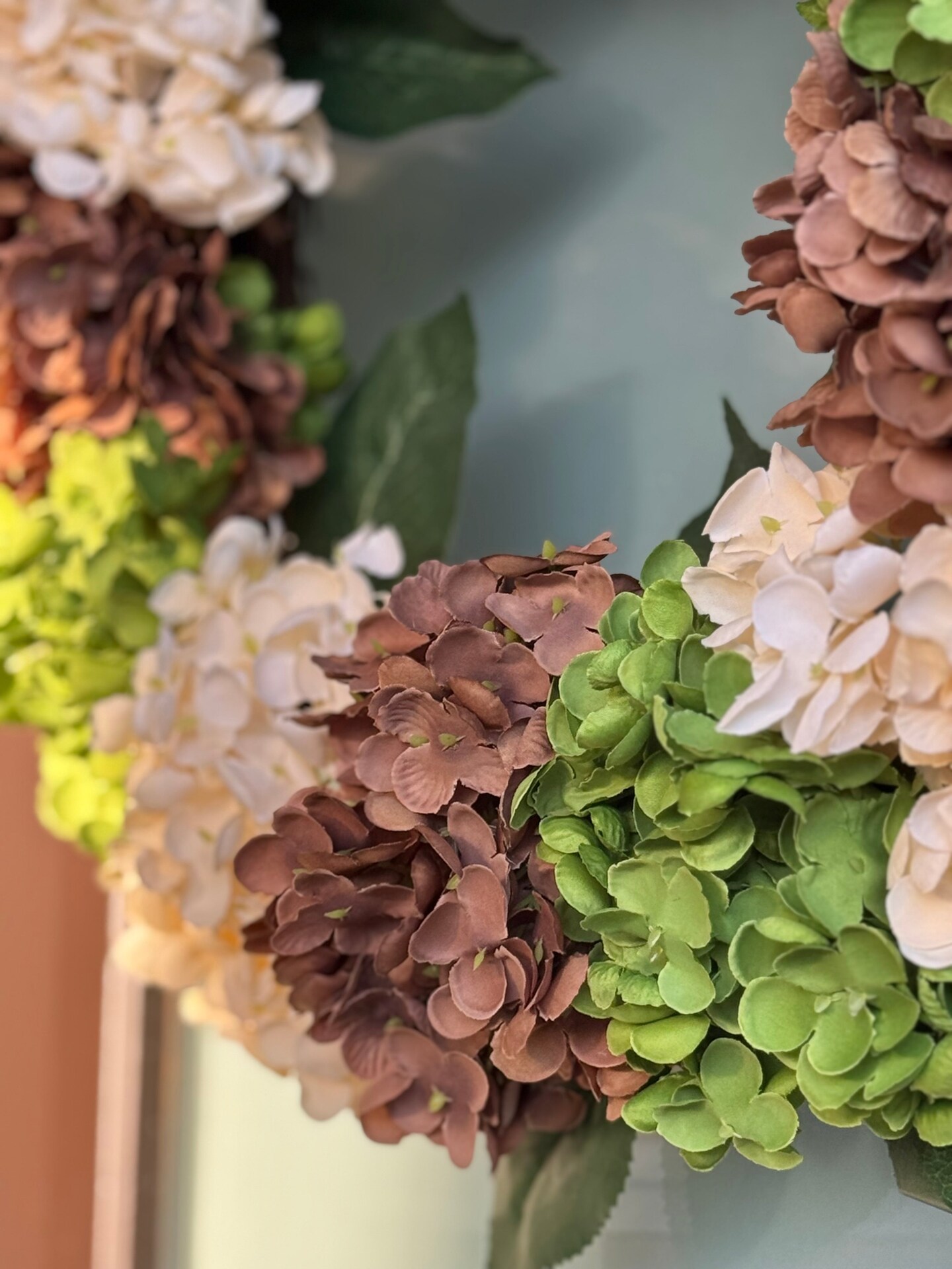 Capri Green Nude Cream Brown Hydrangea Wreath, 21 In All Season UV Resistant Lifelike High end