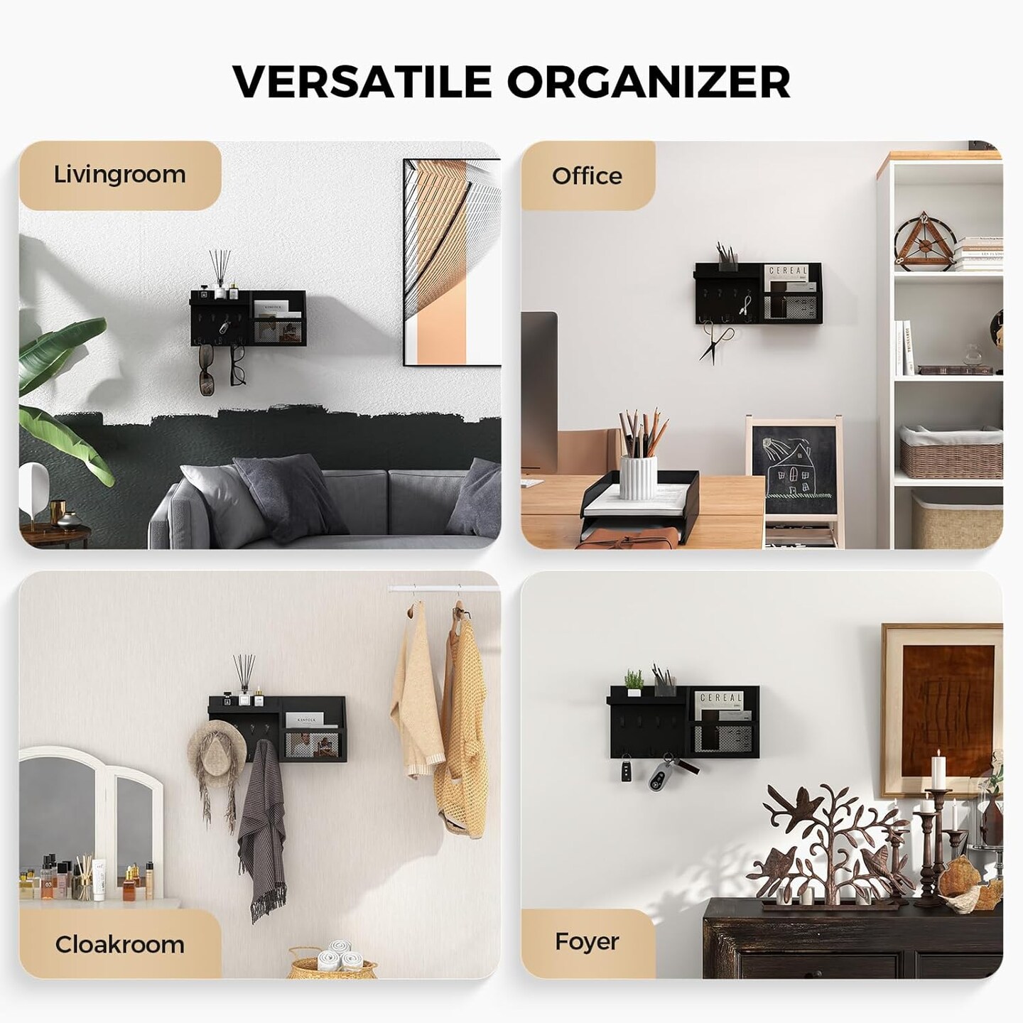 Farmhouse Wall-Mounted Key Holder with Shelf and Mail Organizer – Rustic Pine Wood Key Rack with 7 Hooks, Entryway Organizer, and Bonus Photo Frame, Rustic Black, 16" x 8"