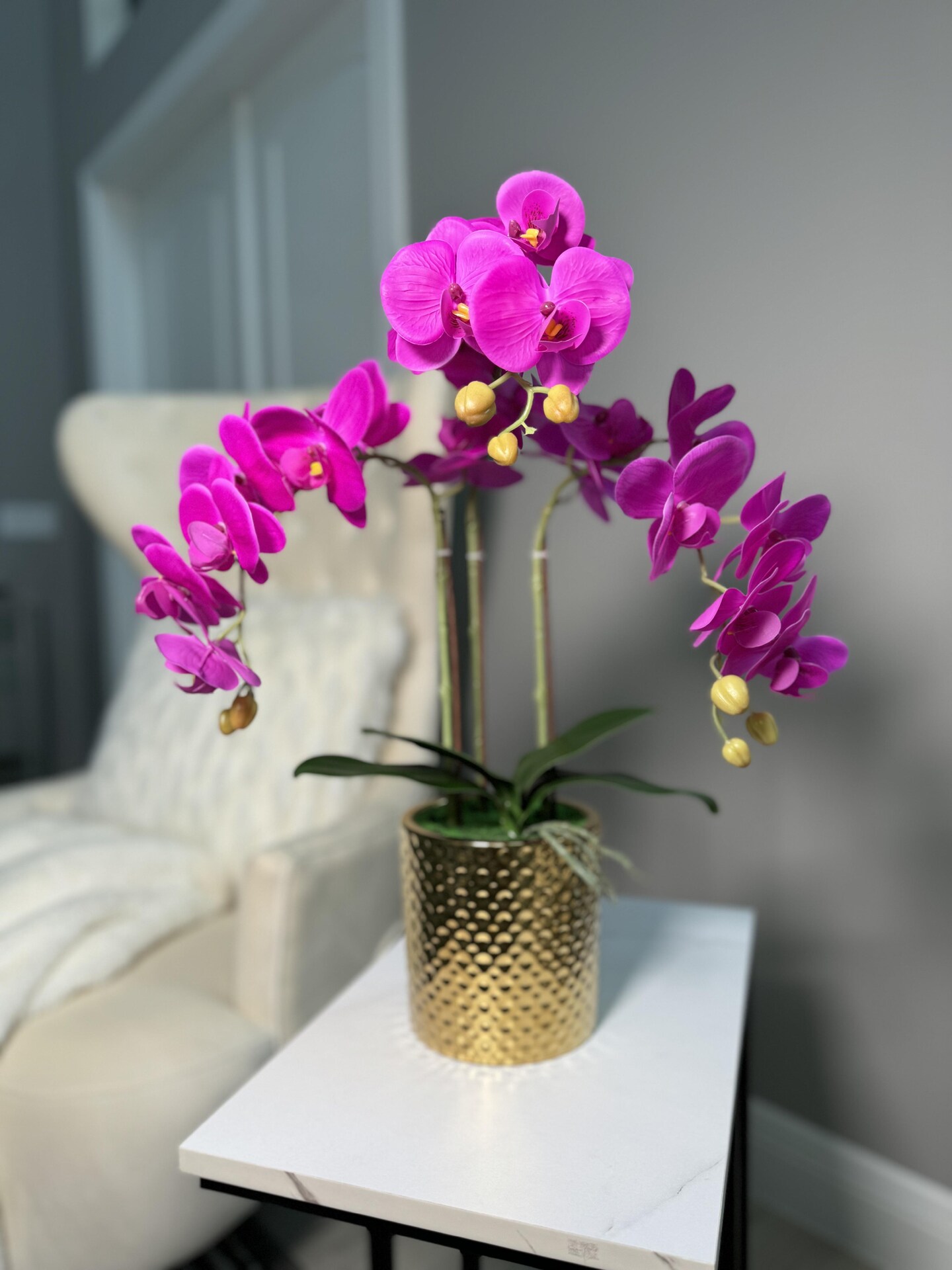 Pink Magenta Phalaenopsis Orchid Floral Arrangement in Gold Vase