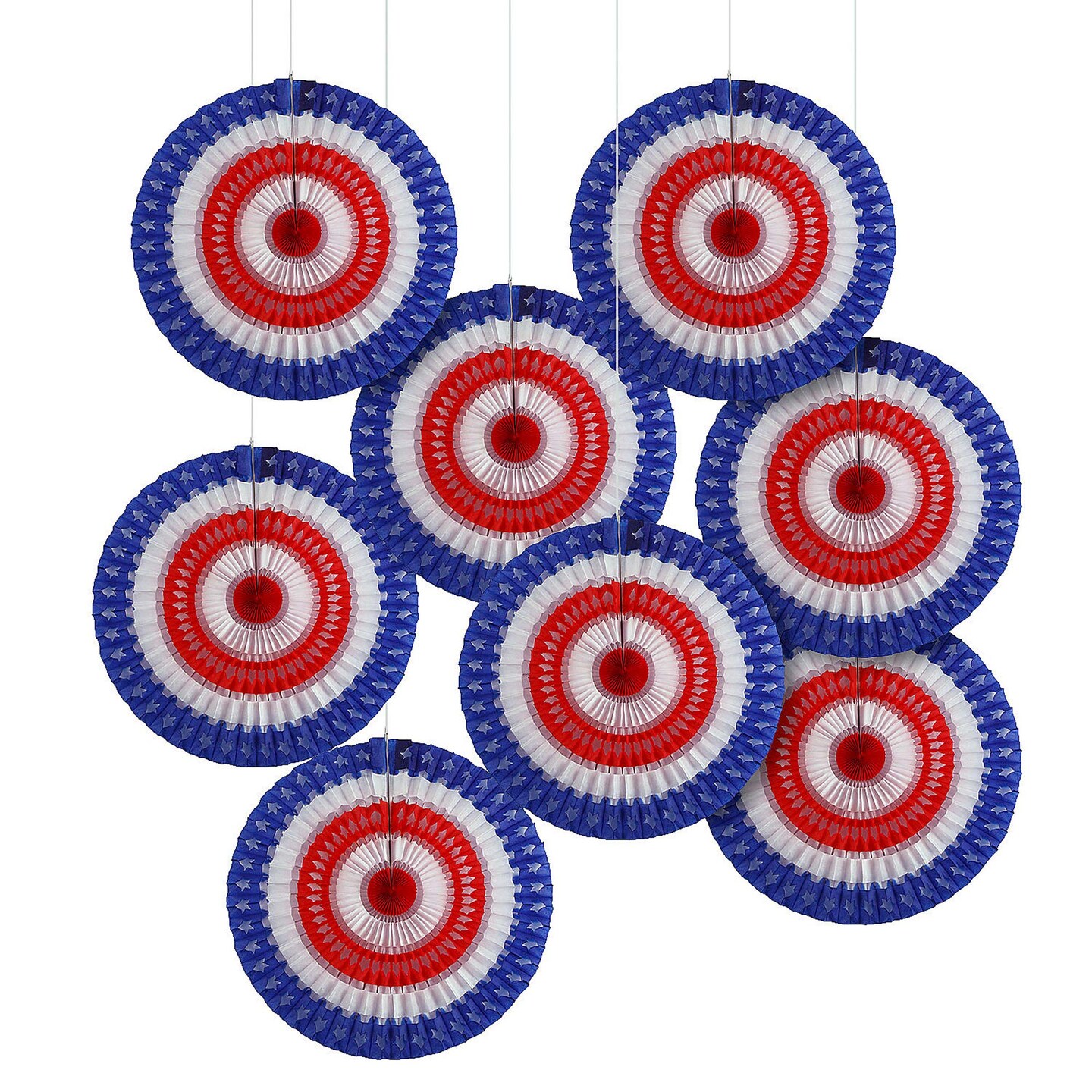 20" diam Patriotic Stars & Stripes Cutout Hanging Paper Fans 12 Pieces