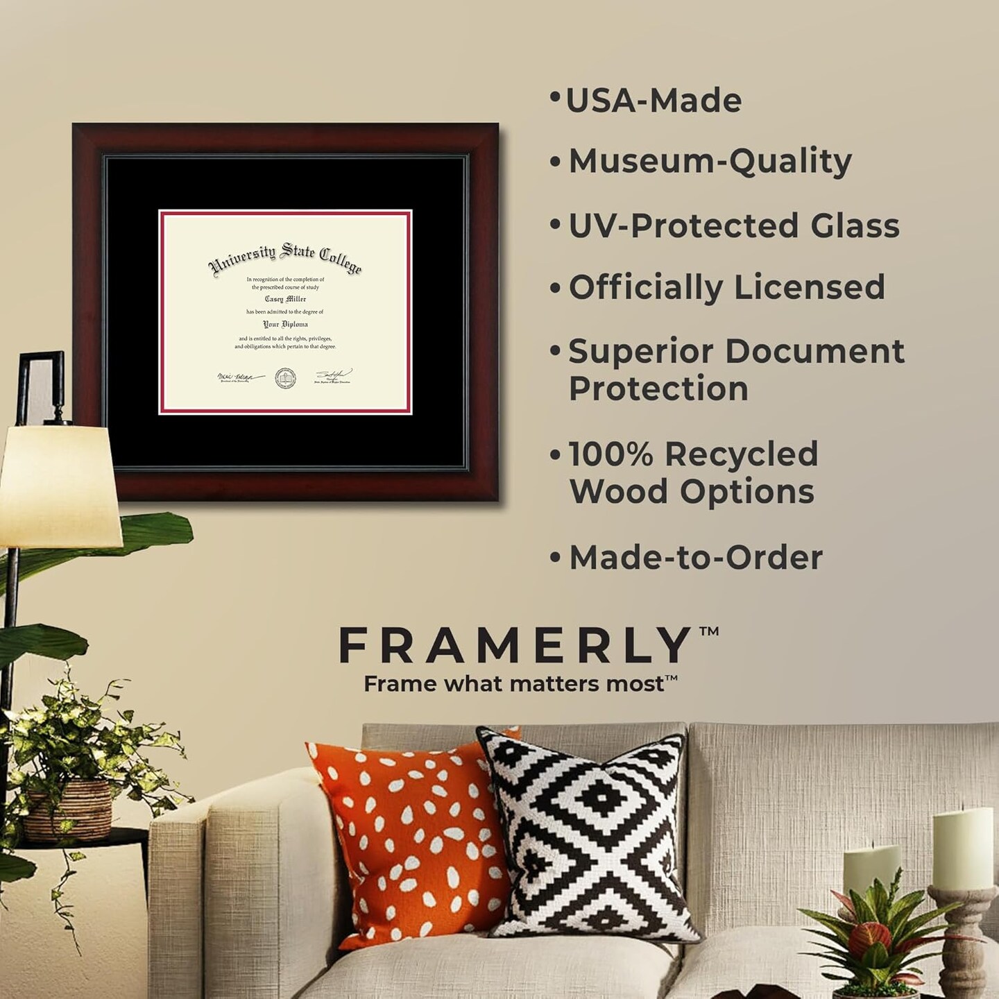 Framerly - University of Florida 16"w x 11.5"h Diploma Frame - Fits a bachelor's, master's and phd - Gold Embossed Diploma Frame - Cherry Moulding with Royal Blue and Bright Orange Matting