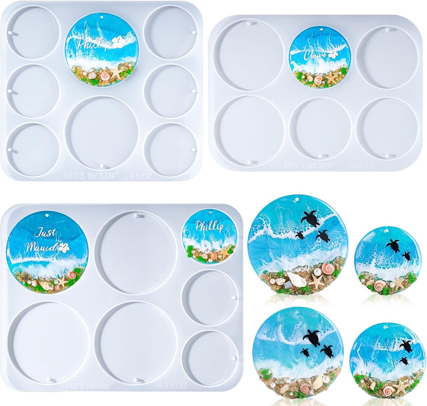 LET’S Resin 21-Cavities Keychain Resin Molds with Hole, 4 Sizes 2.95'' 2.76'' 2.36'' 1.97'' Flat Circle Round Silicone Molds for Resin, Epoxy Resin Molds for DIY Christmas Ornaments,Wedding Favo