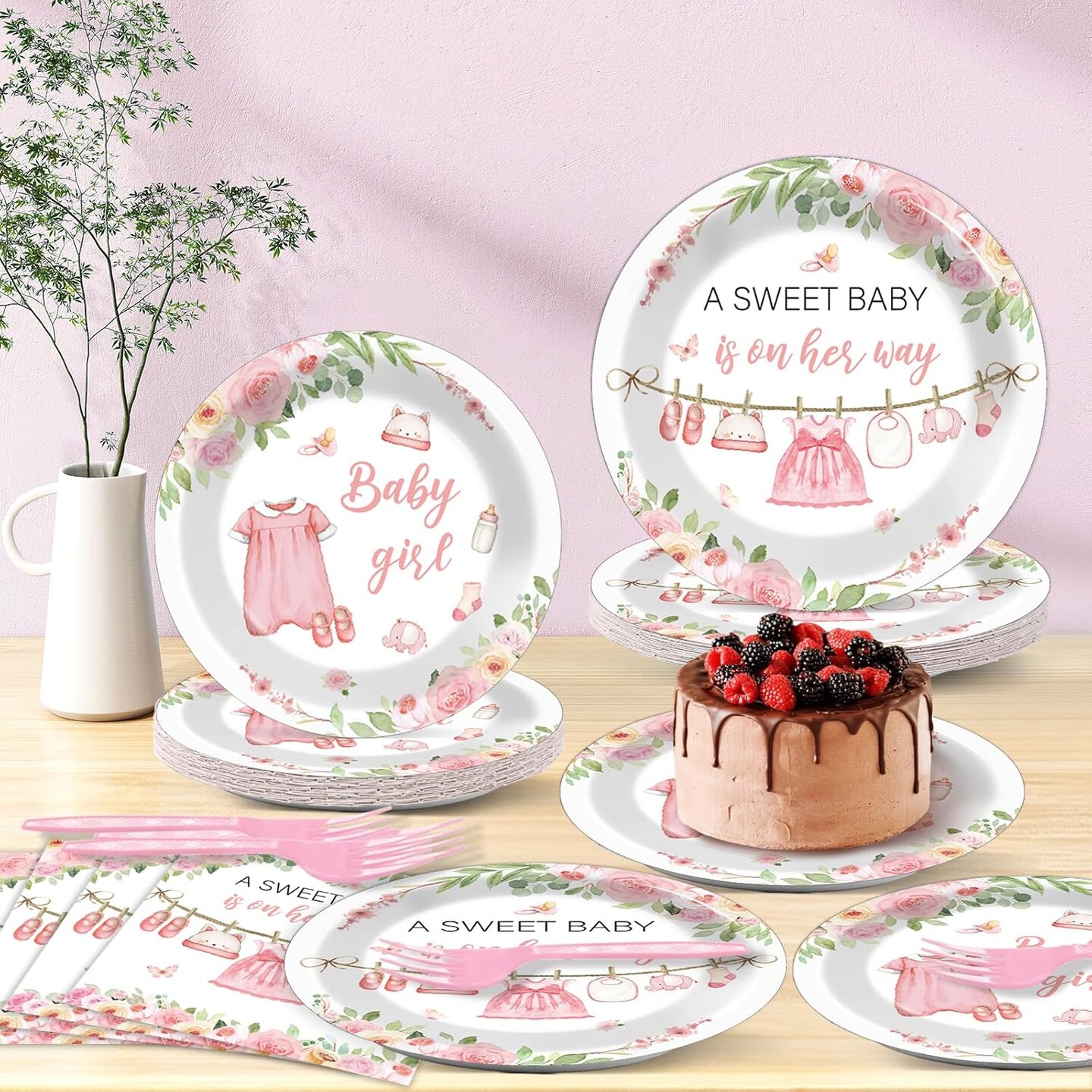 200Pcs Floral Girl Baby Shower Tableware Sets - Serves 50 (Pink) 9.06"L x 9.06"W x 0.04"Th