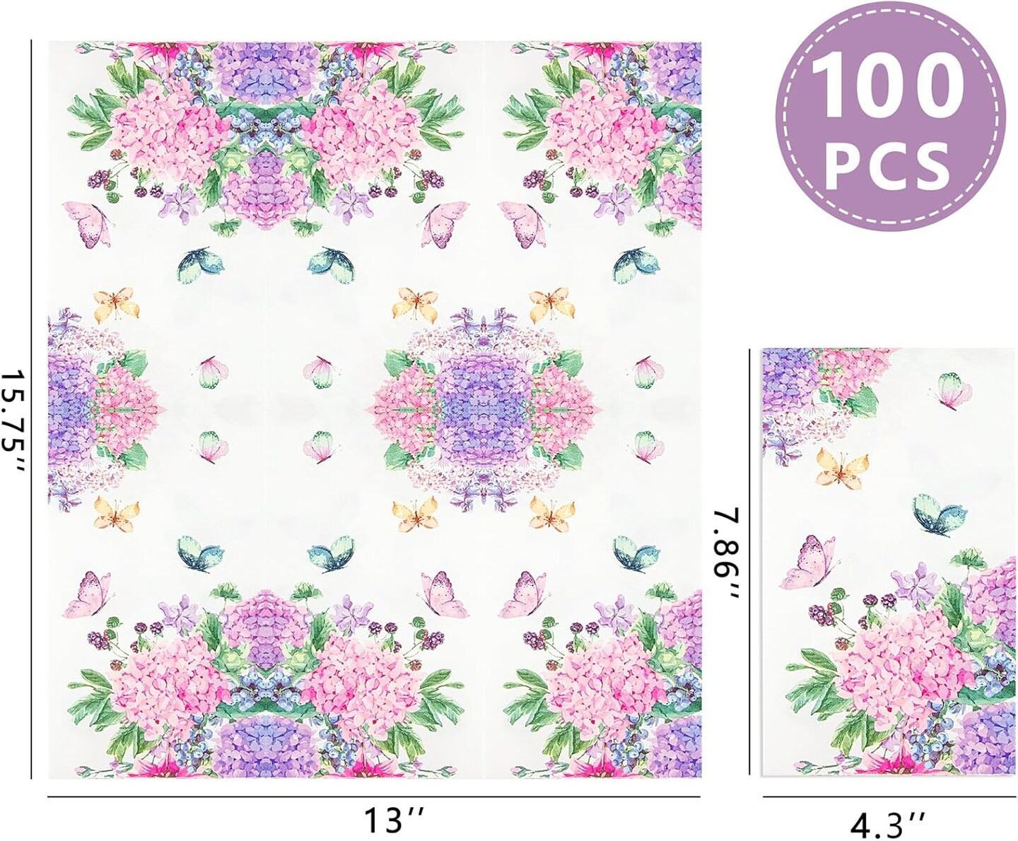 100 Pack Floral Purple Napkins with Butterfly - 3 Ply