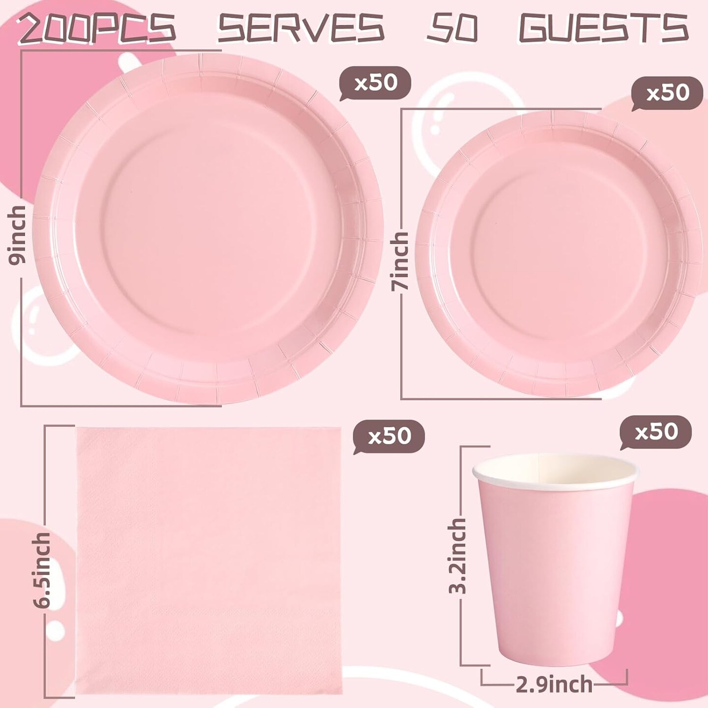 200Pcs Baby Shower Party Supplies Set &#x2013; Plates, Cups &#x26; Napkins for 50 Guests (Pink)