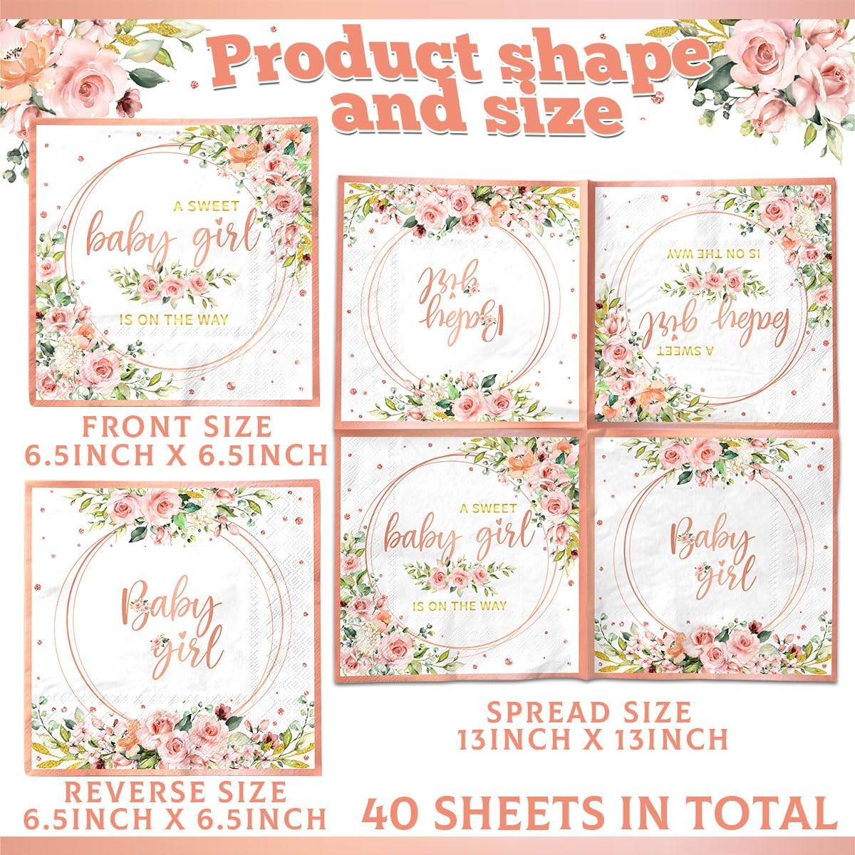 40pcs Sweet Baby Girl Rose Gold Baby Shower Napkins