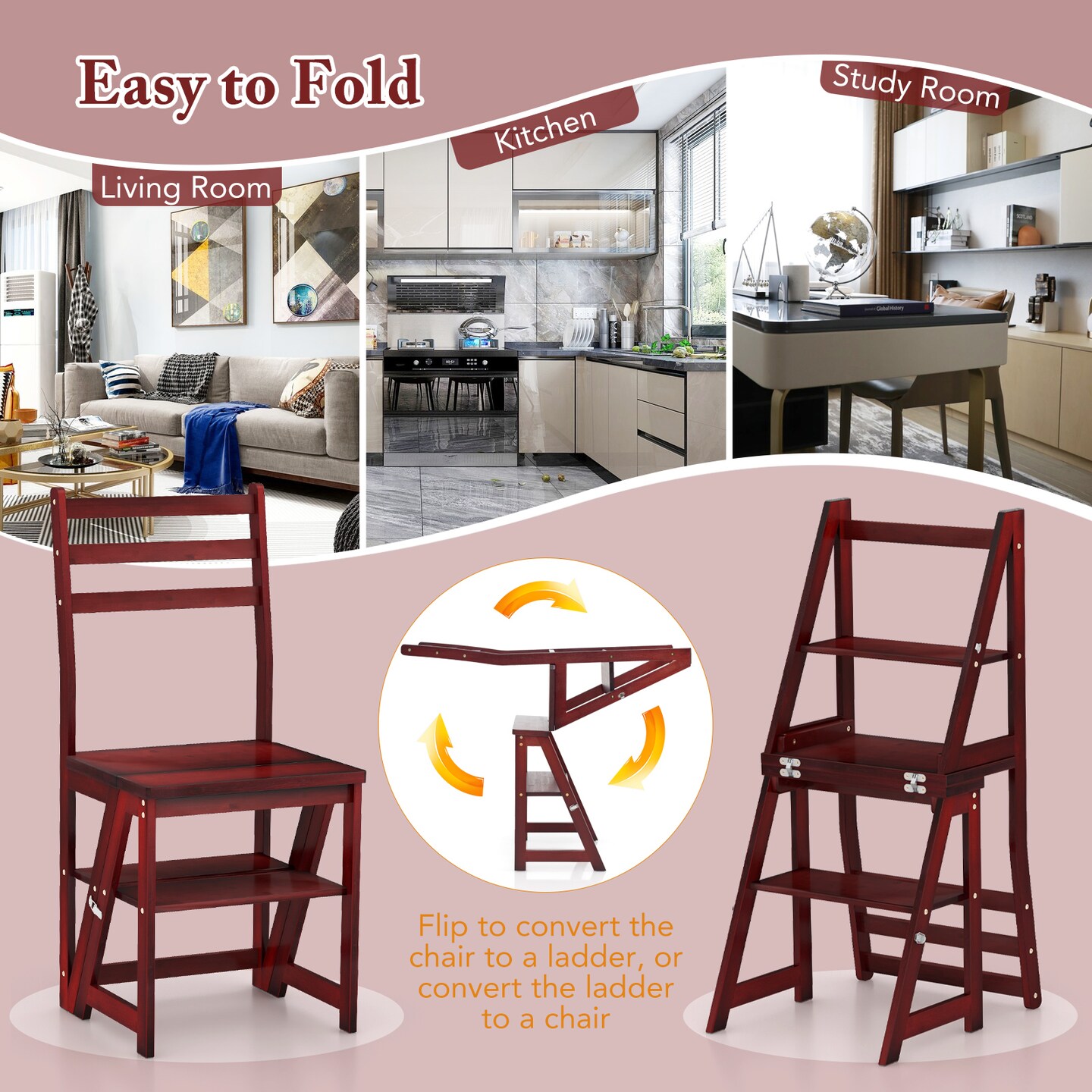 3-in-1 Multi-functional Foldable Display Plant Stand Ladder Chair with 2 Side Locking Buckles