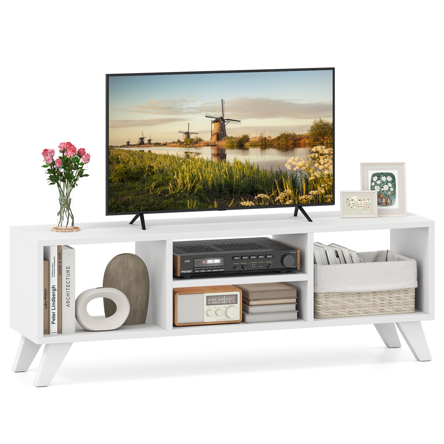 Engineered Wood TV Stand with Storage, Raised Legs, and Media Console