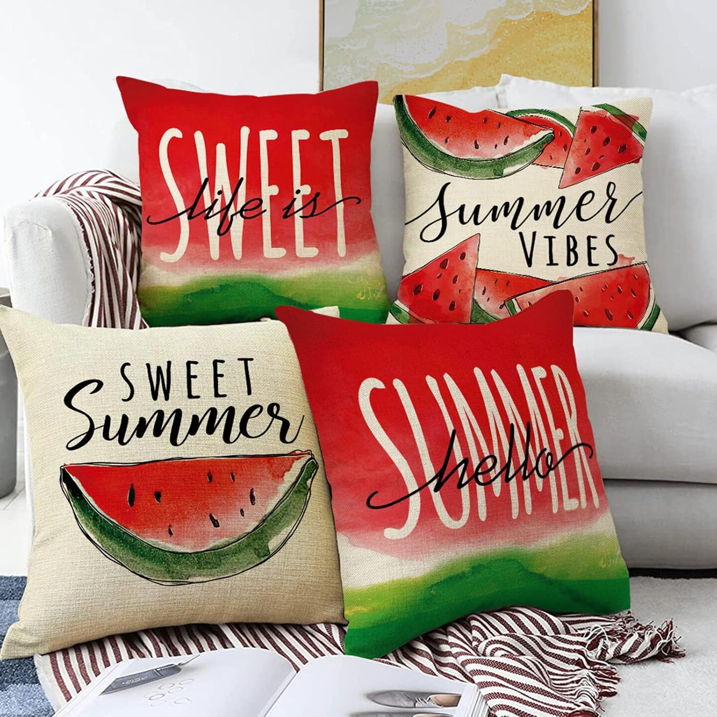Hello Summer Watercolor Watermelon Decorative Throw Pillow Covers 18 x 18 Set of 4, Life is Sweet Cushion Case Decor, Seasonal Home Decoration for Sofa Couch
