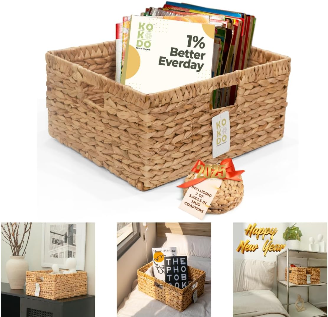 Large Rectangular Water Hyacinth Wicker Storage Baskets with Handles and Metal Frame, Stylish and Durable Handwoven Bin for Space-saving Room Organizing or Decorative Wicker Basket