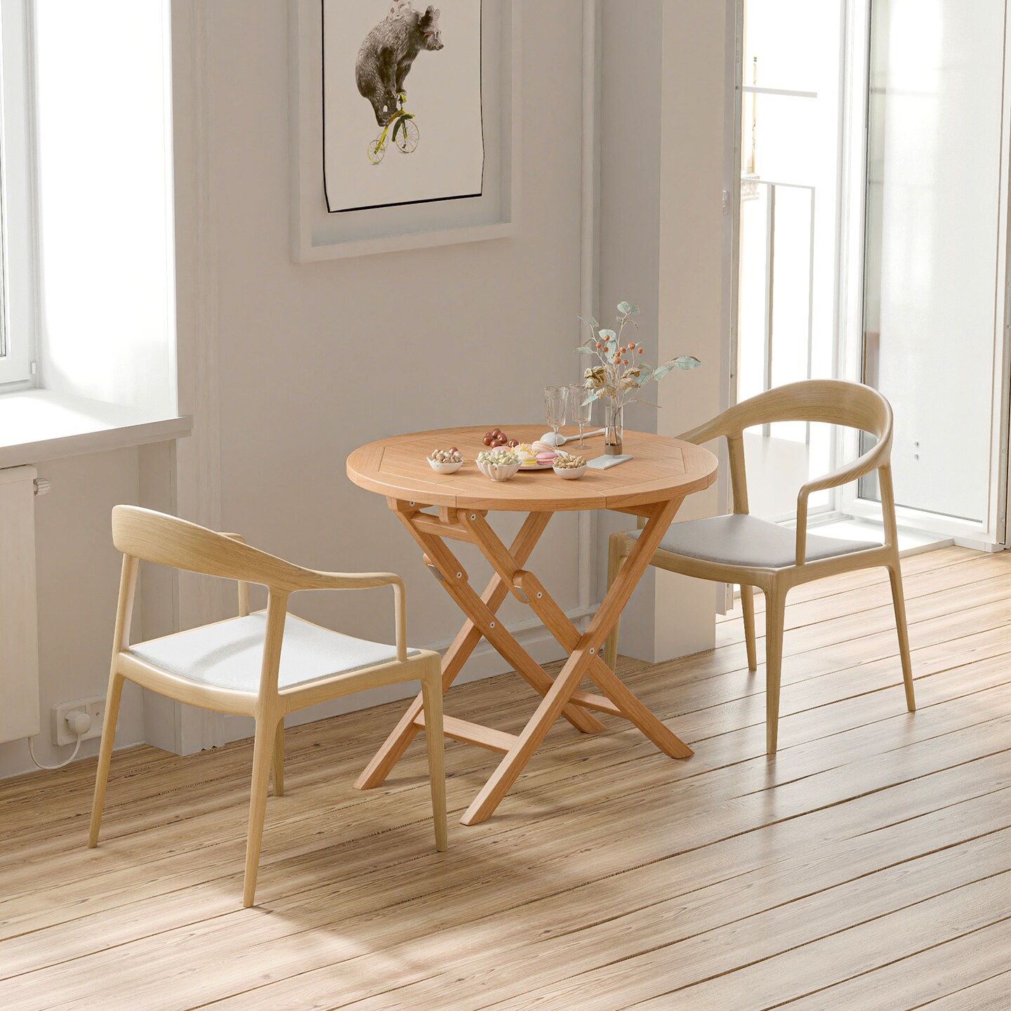 Natural Teak Wood Folding Coffee Table for 4 with X-Shape Stability