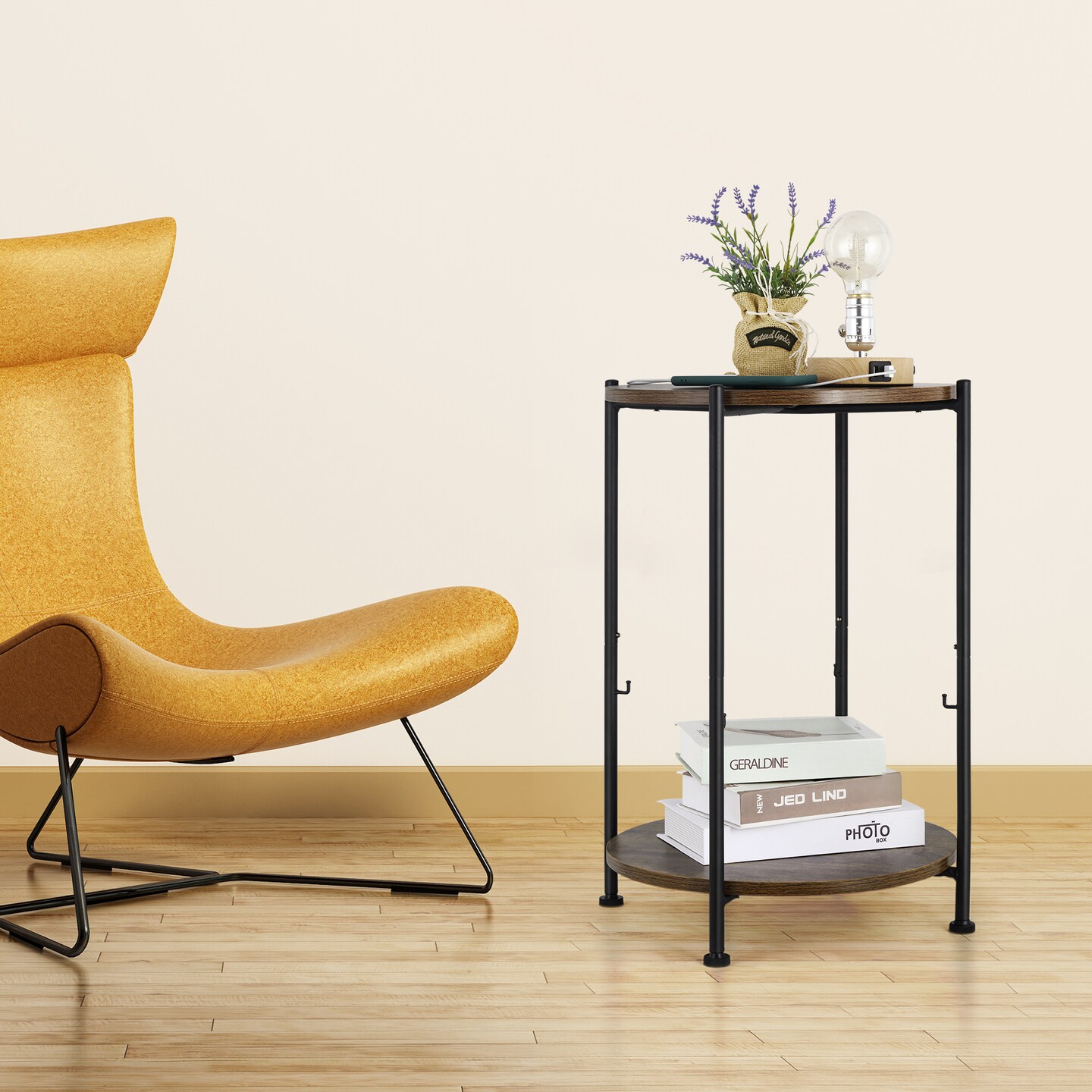 Industrial 2-Tier Round Side Table with Storage Basket &#x2013; Vintage-Inspired End Table for Living Room, Bedroom, or Office &#x2013; Sturdy Metal &#x26; Wood Design, Easy Assembly