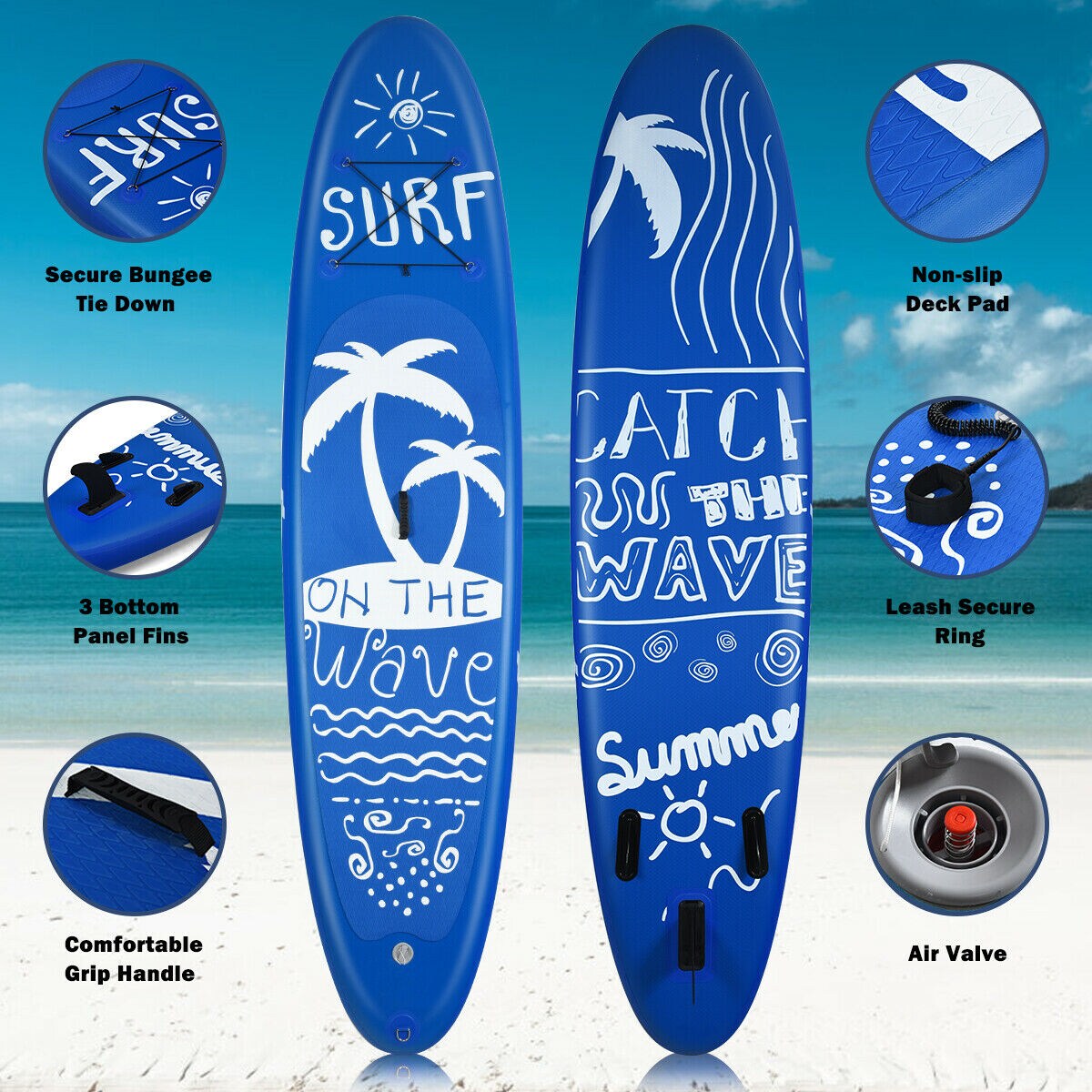Blue PVC Inflatable Paddle Board Non-Slip Deck Adjustable Paddle Backpack