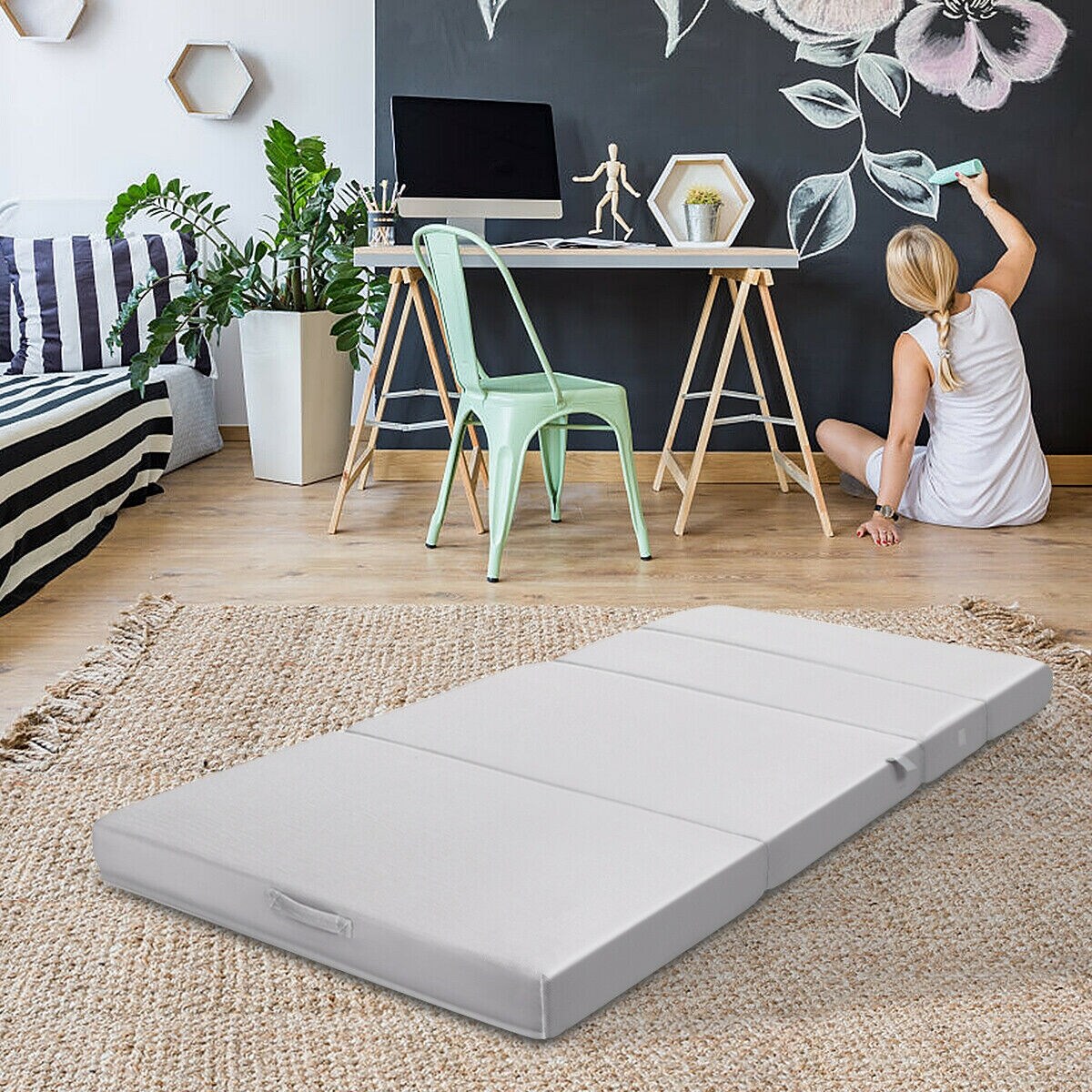 Grey 3-in-1 Folding Mattress with High-Density Foam and Portable Design