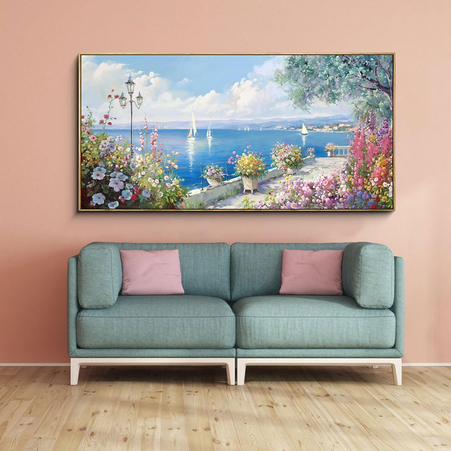 Blue Coastal Wall Art - Ocean Seascape Canvas Yellow Green Flowers Painting Landscape Sailboat Picture Artwork Modern Large Framed for Living Room Bedroom Home Office Decor 20"x40"