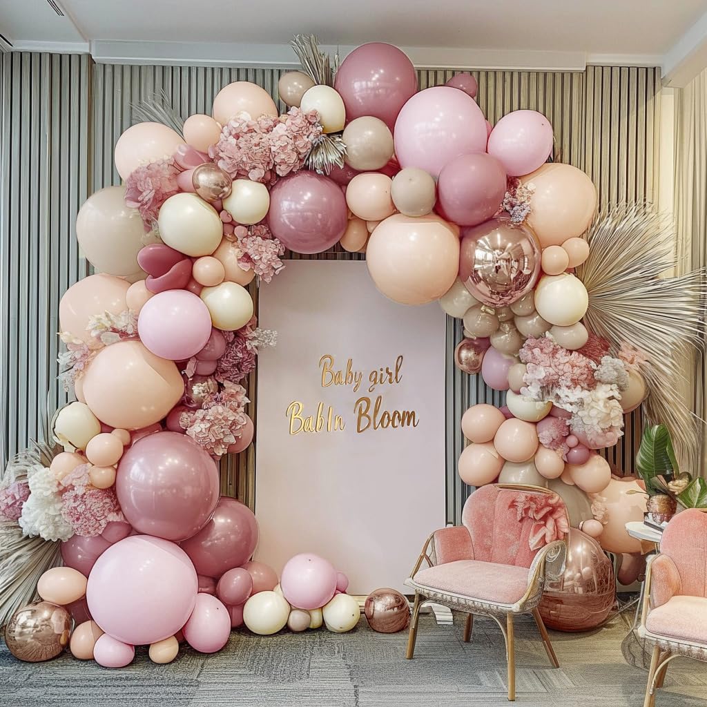Dusty Pink Rose Balloon Garland Double Stuffed Mauve Light Pink Latex Blush Nude Beige Champagne Gold Balloon Arch Kit for Boho Birthday Baby Bridal Shower Neutral Wedding Party Decor