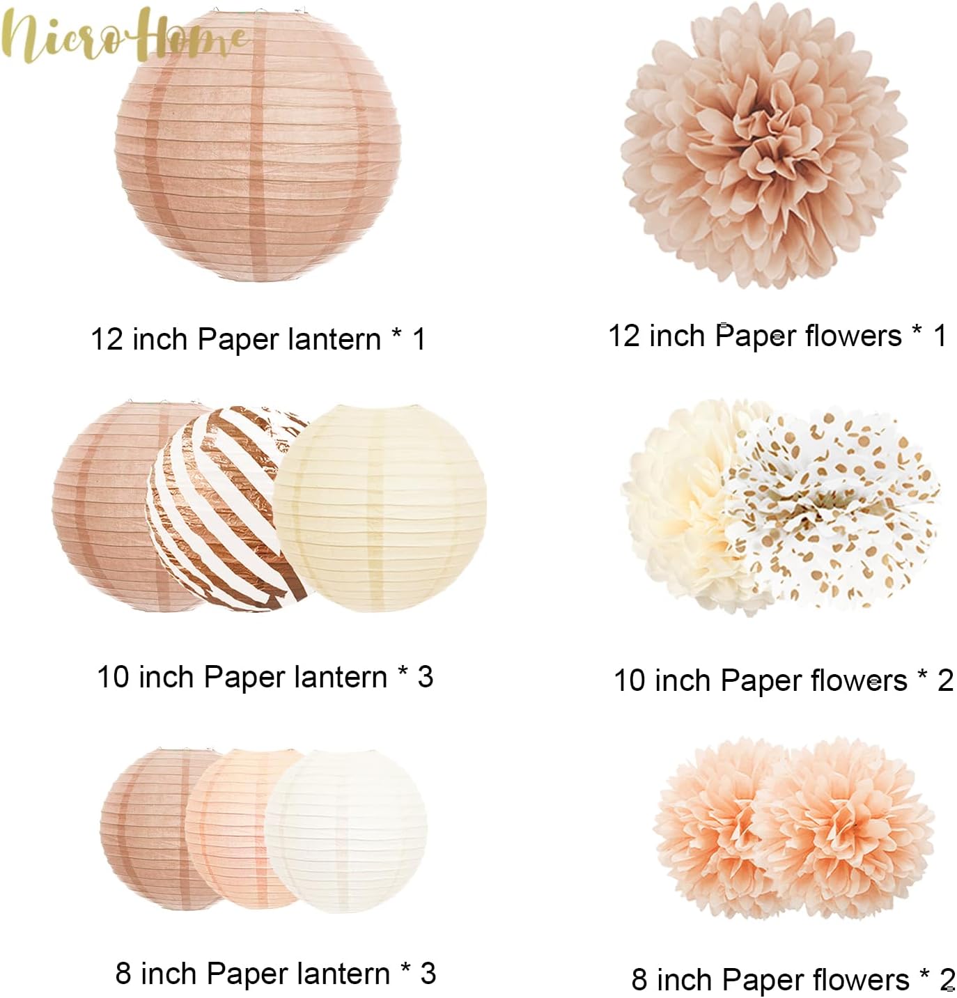 Wedding Party Decorations, 12 PCS Creamy White Tissue Paper Pom Poms and Lanterns Set, Champagne Paper Flowers for Engagement Receptions, Boho Bridal Showers Party Supplies