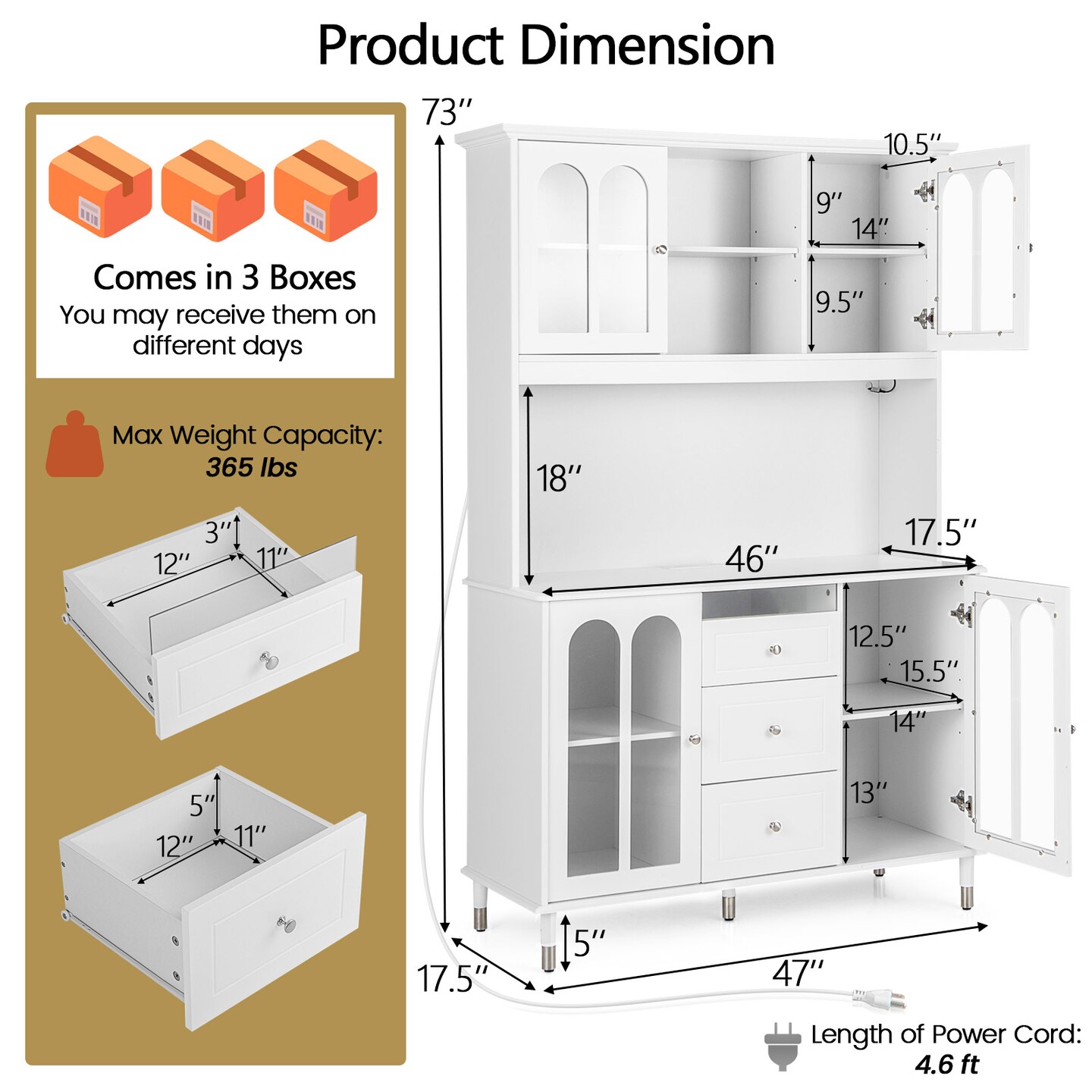 White MDF Engineered Wood Kitchen Pantry Cabinet with LED Lights and Power Outlets