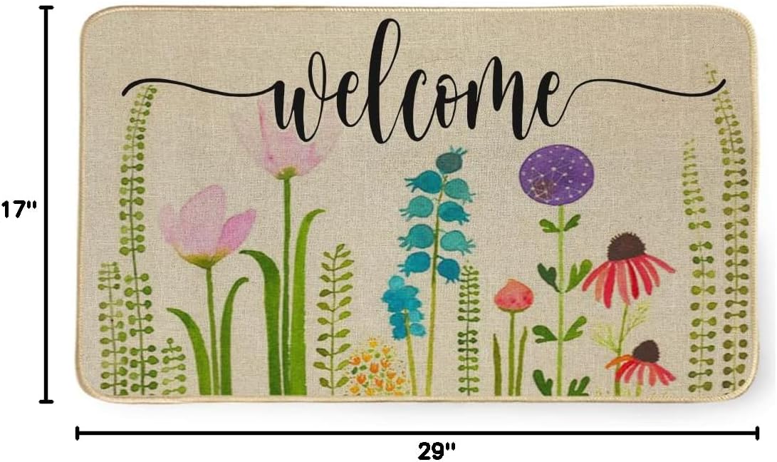 Spring Welcome Mat Flower Seasonal Outdoor Rug Low-Profile Front Door Non Slip Indoor Doormat 17 Inch x 29 Inch DM007