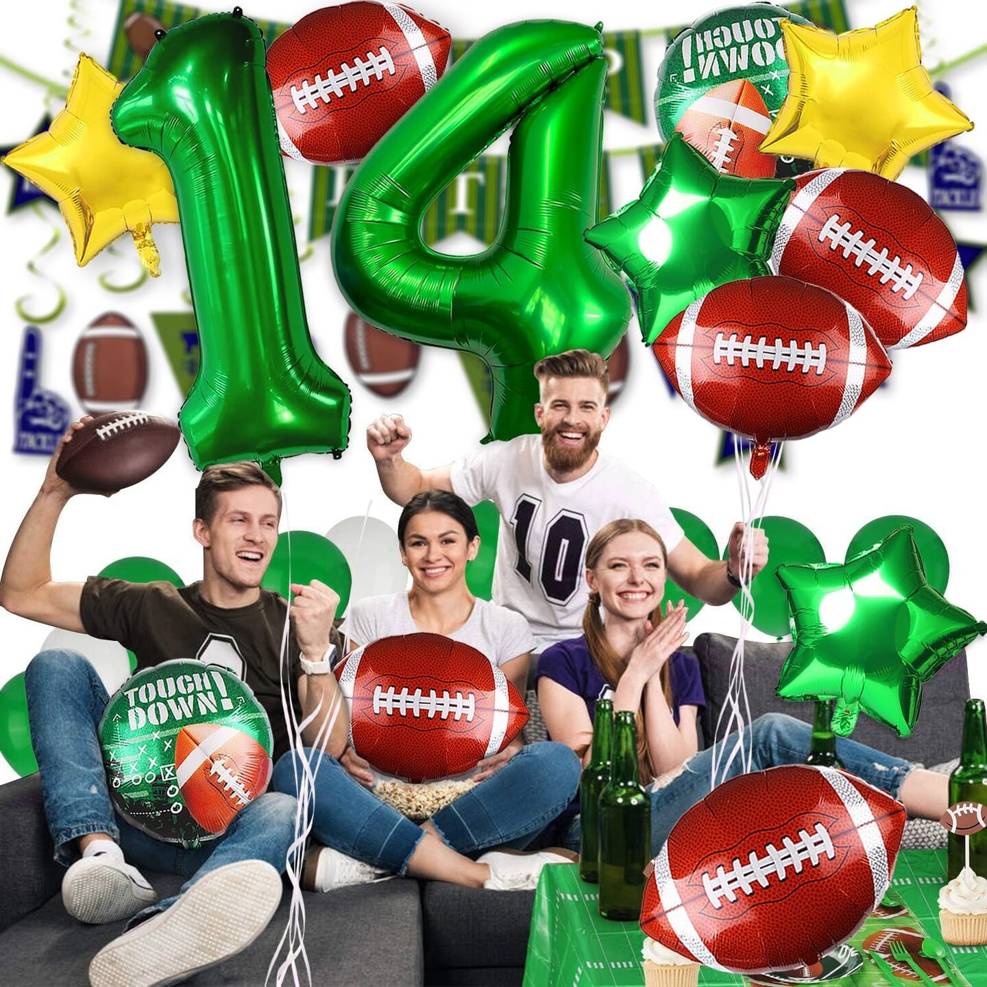 Football Balloons for Football Theme Party Decorations, Large Foil Mylar Football Green Balloon Decor for Boys Kids Men Rubby Balloon Decor Party Supplies