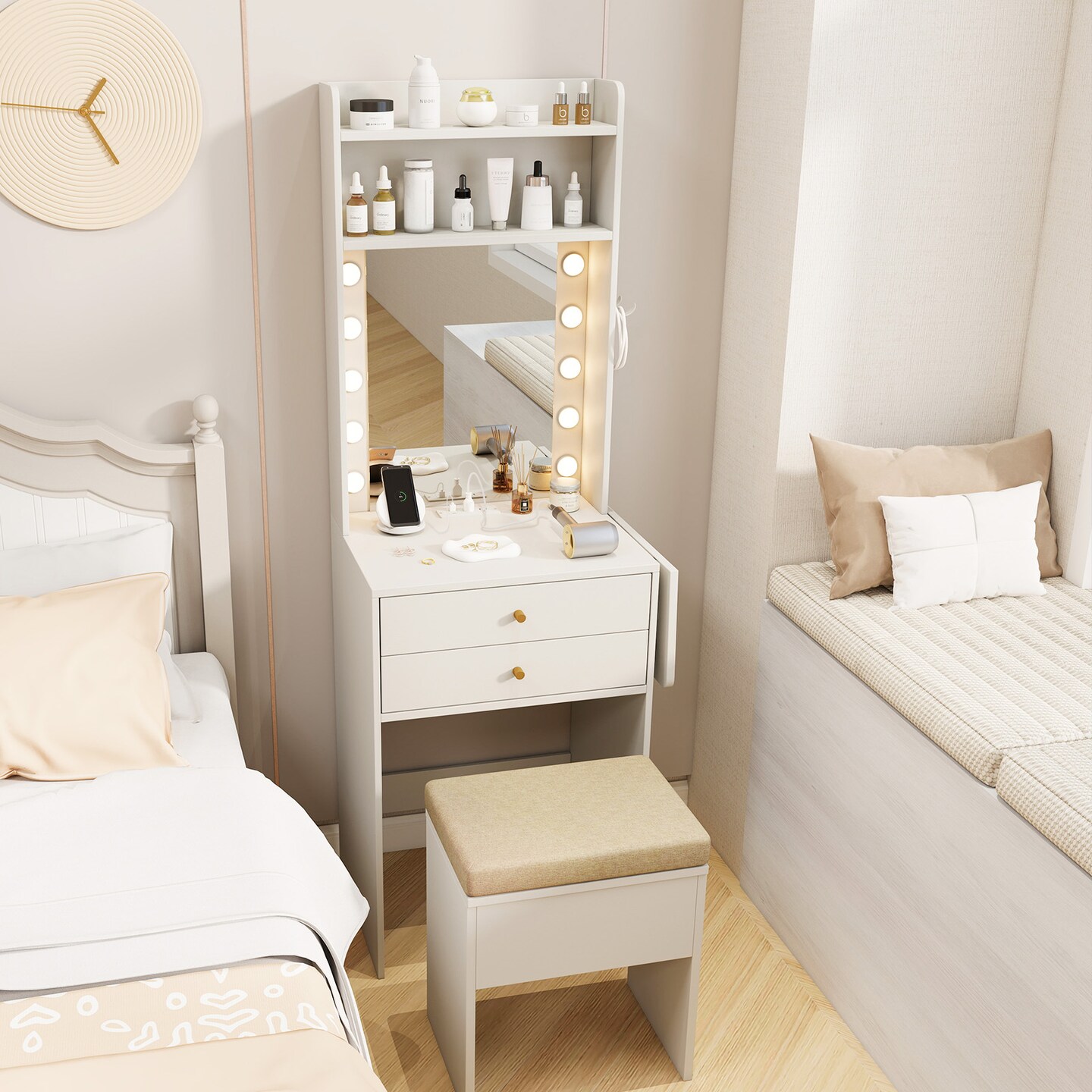 White Vanity Set with LED Mirror, Charging Station &#x26; Storage