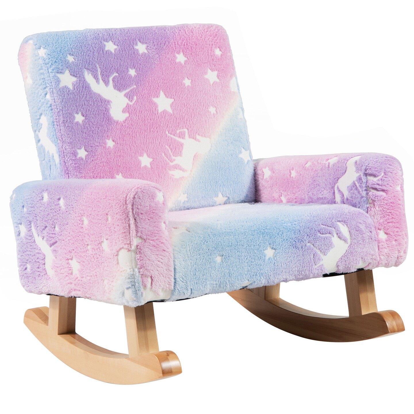 Flannel and Wood Kids Rocking Chair with Glow-in-the-Dark Design and Ergonomic Support