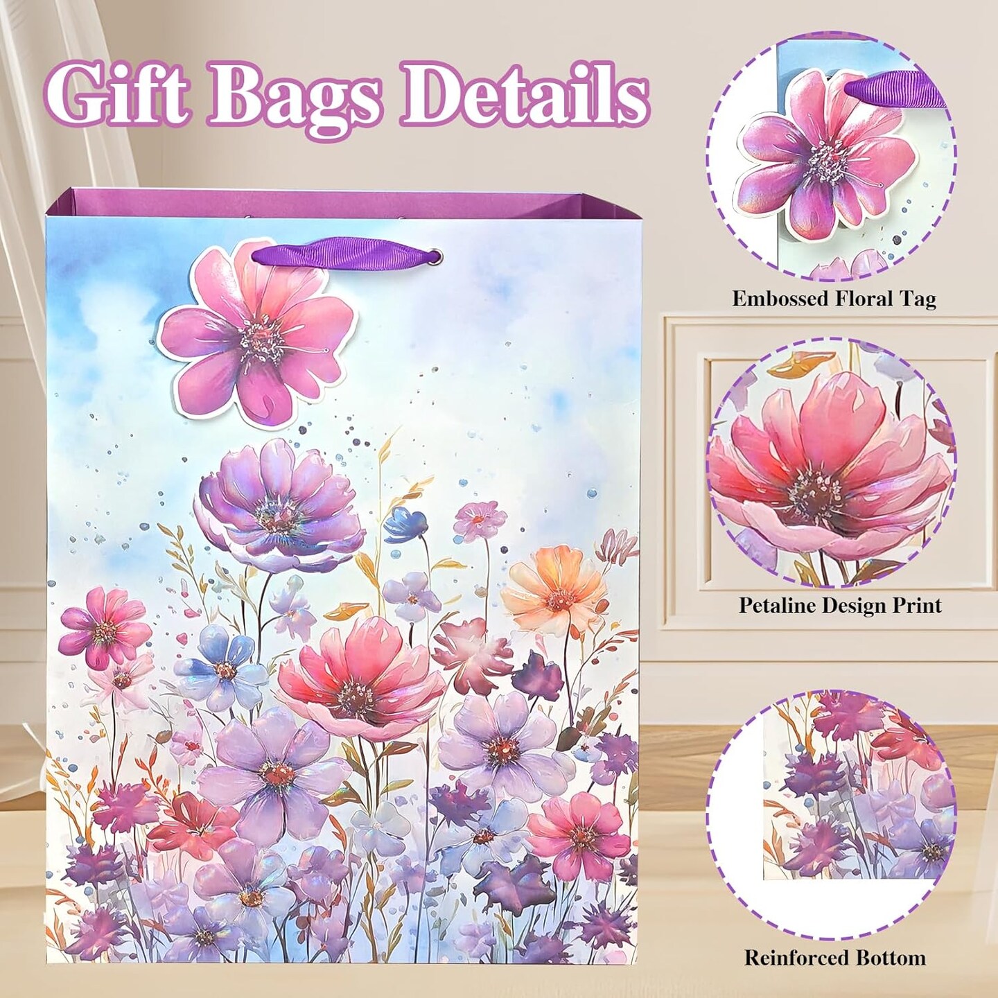 6 Pack Purple Flowers Pattern Embossed Paper Gift Bag with Handles, Assorted Paper Bags with 8 Pcs Tissue Paper for Girls/Women Baby Shower