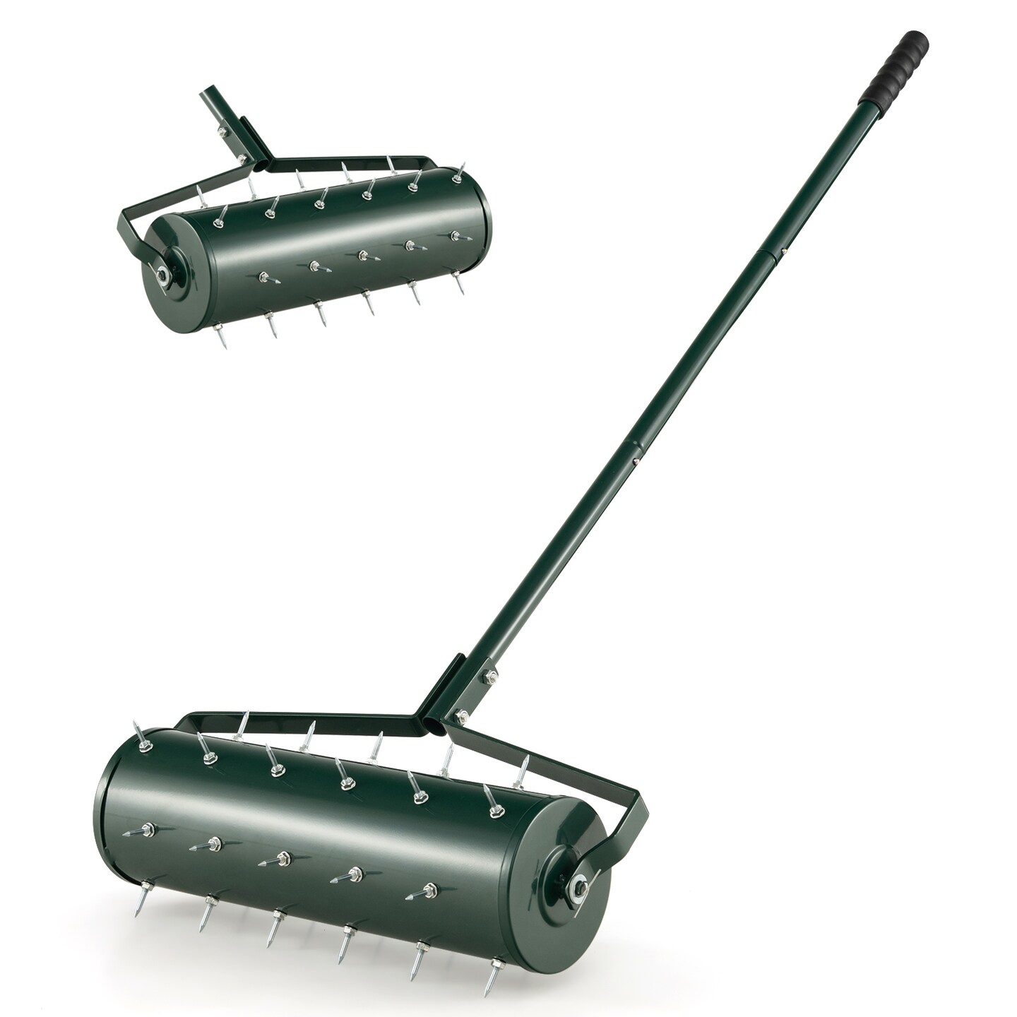 Green Galvanized Steel Lawn Aerator with Spikes, Sand-Filled Drum and Detachable Handle