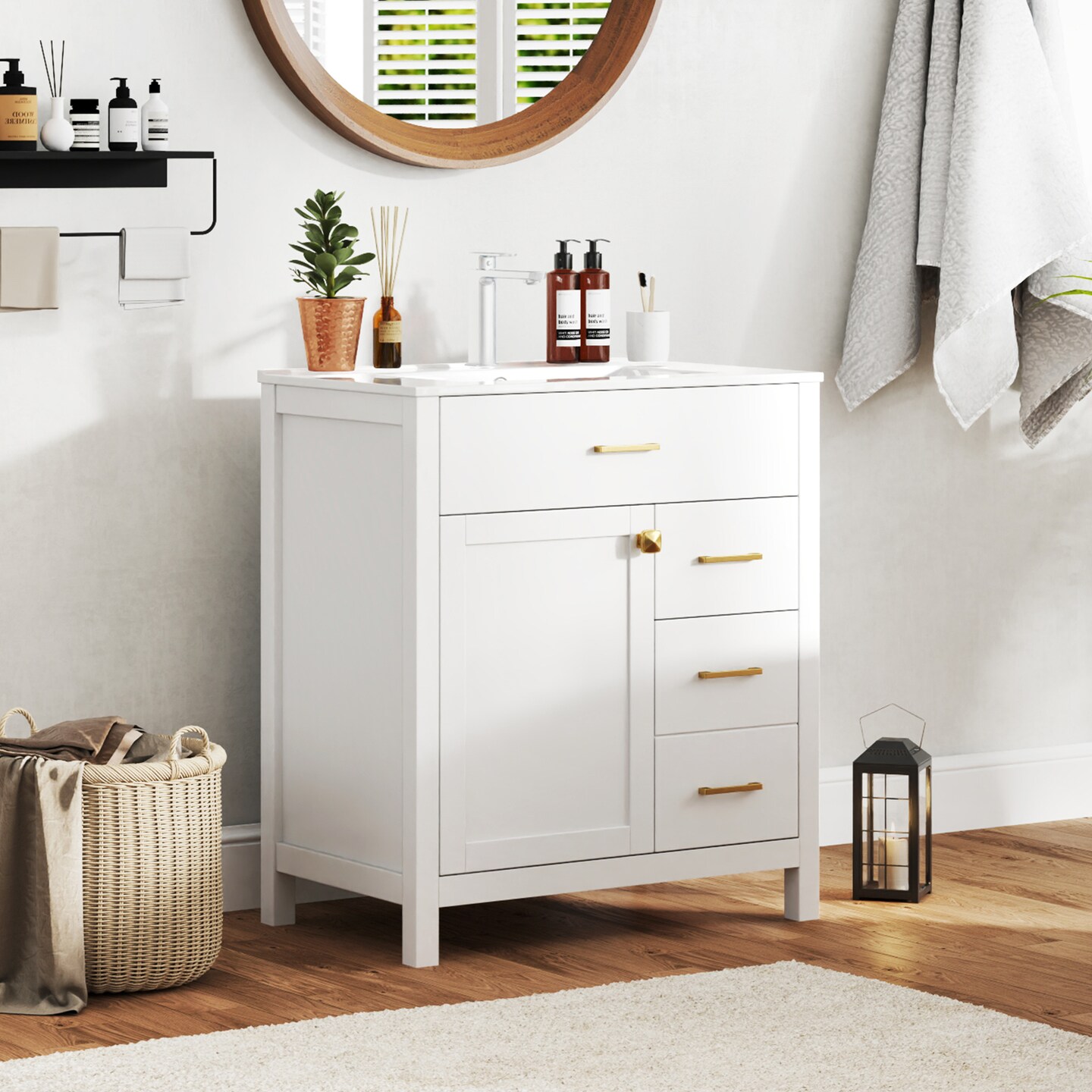 White MDF Bathroom Vanity with Ceramic Sink and Storage