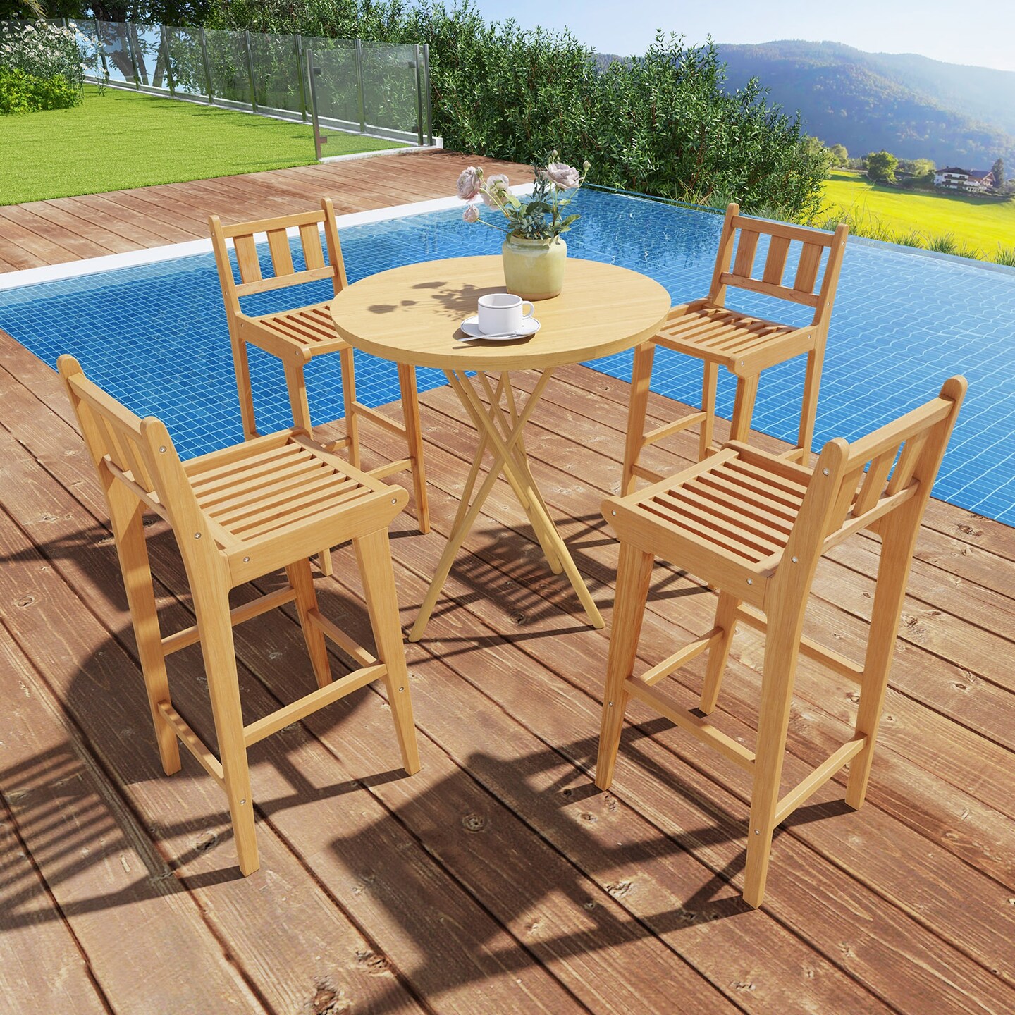 30 Inch Teak Wood Slatted Design Bar Chair with Footrest and Backrest Ideal for Outdoor Use