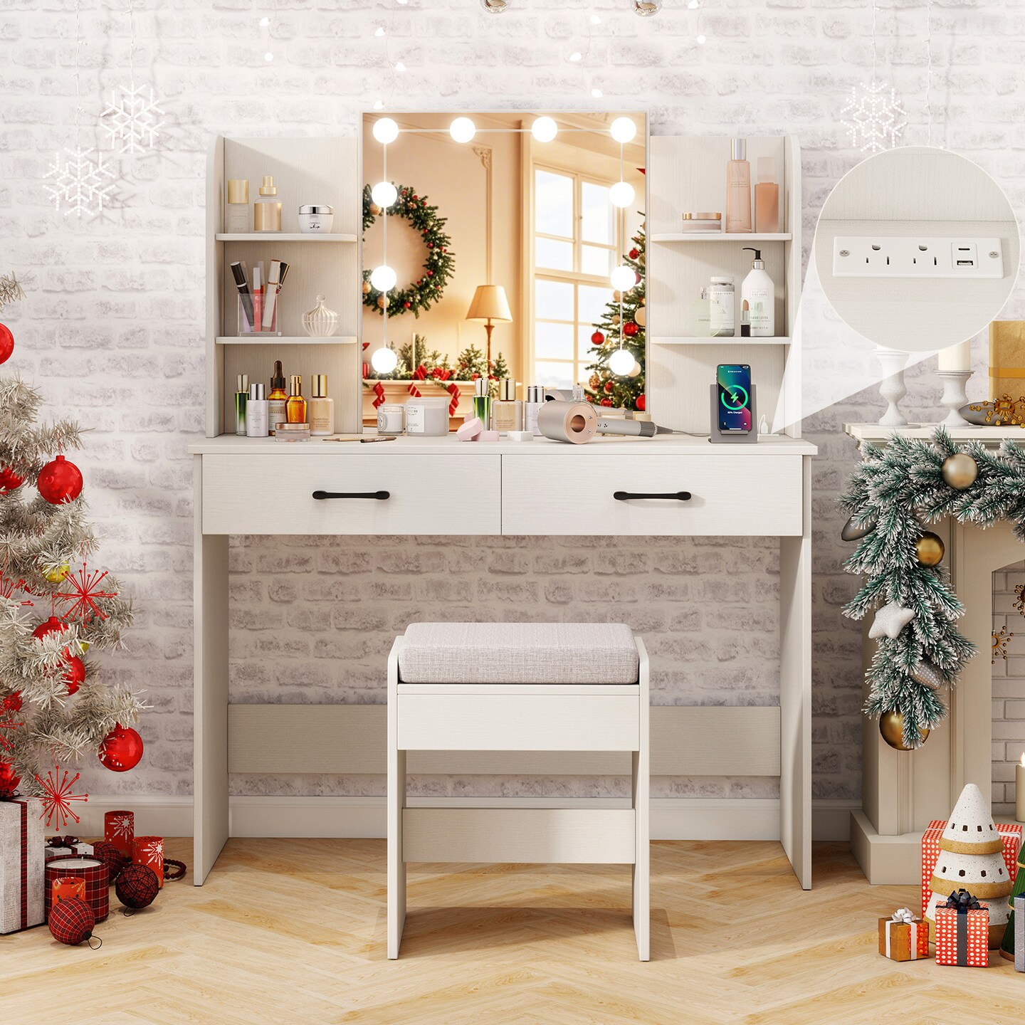 Vanity Set with Lighted Mirror and Stool for Easy Storage and Charging