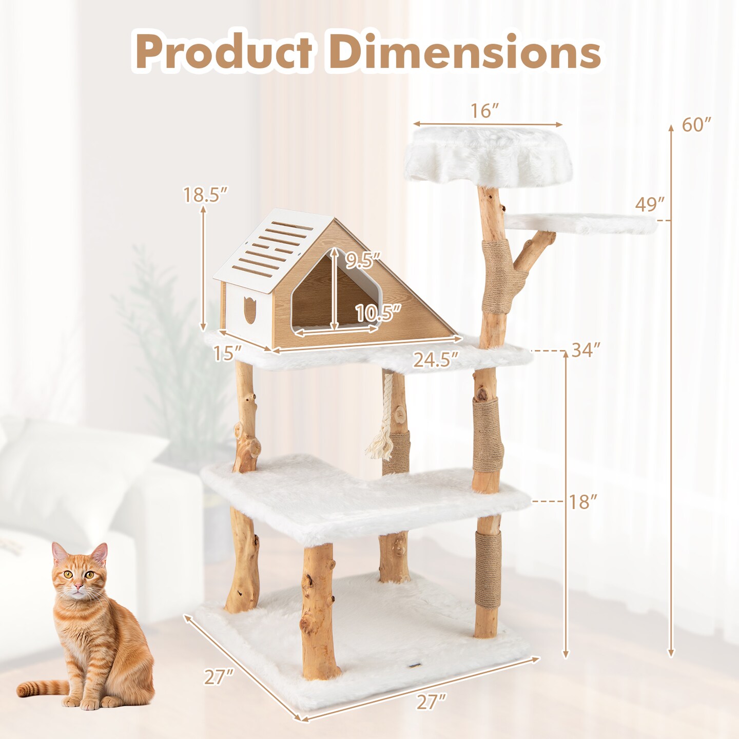 60 Inch Tall Wooden Cat Tree Tower with 2 Cozy Perches and 2 Large Platforms