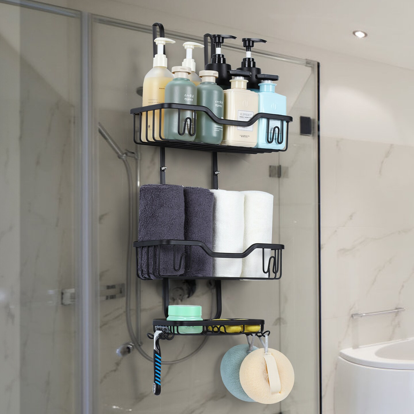 3-Tier Rustproof Shower Caddy with 4 Hooks – No Drill Hanging Bathroom Organizer, 40 lb Capacity, Adhesive Suction Cups for Shampoo, Soap, Towels