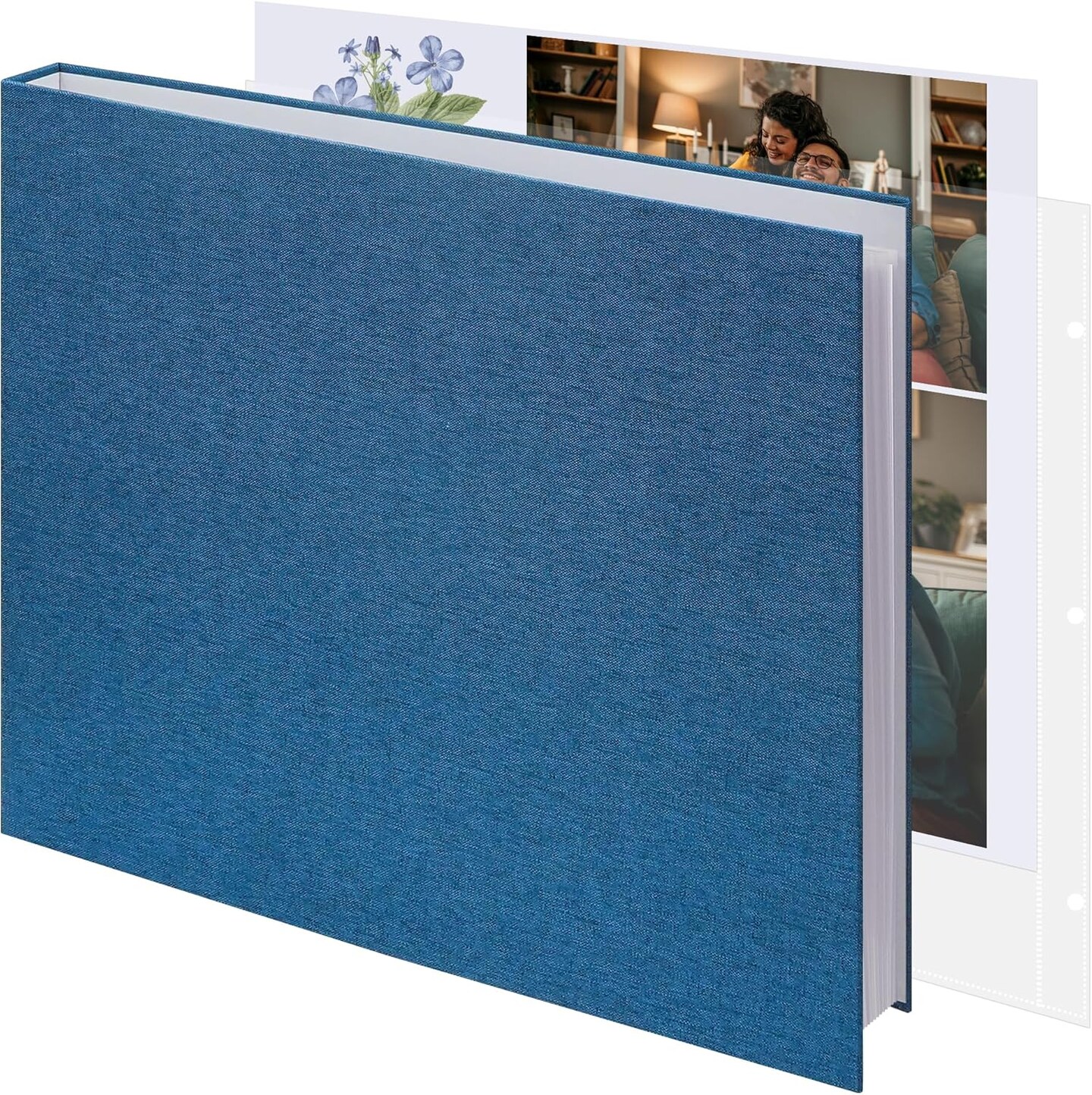 Large 3 Ring Binder Scrapbook Photo Album, Linen Cover DIY Scrapbooks with 30 Sheets Plastic Sleeves 60 Pages Blank White Inner Pages for Wedding Birthday Baby Travel Blue