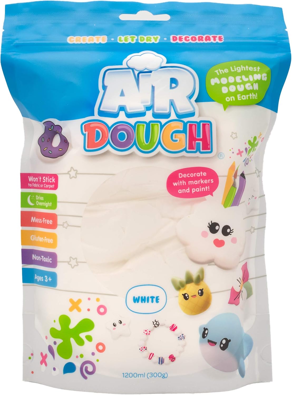 Air Dough - White, Air Dry, Ultra Light, Non-Toxic Modeling Clay in a Resealable Bag Including Tutorial Videos (Educational, Create &#x26; Decorate DIY, Kids Gifts, Arts &#x26; Crafts for Boys &#x26; Girls)