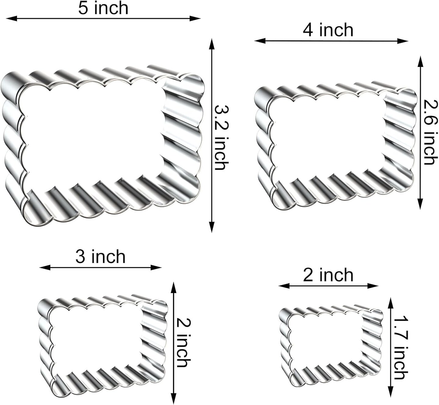 Rectangle Cookie Cutter Set with Scalloped Edge Assorted Sizes - 5 Inch, 4 Inch, 3 Inch, 2 Inch - Fluted Edge Plaque Frame Rectangluar Cookie Cutters Shapes Fondant Molds - Stainless Steel