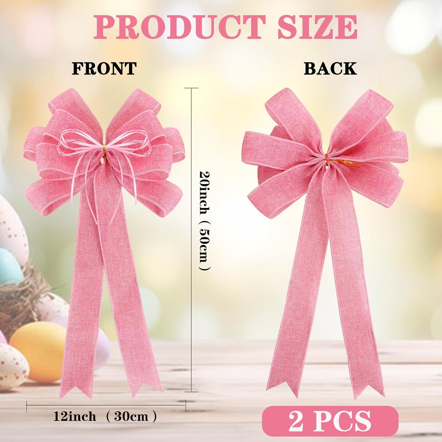 2PCS Large Pink Burlap Wreath Bows – 12x20in with Glitter String for Home & Easter Decor