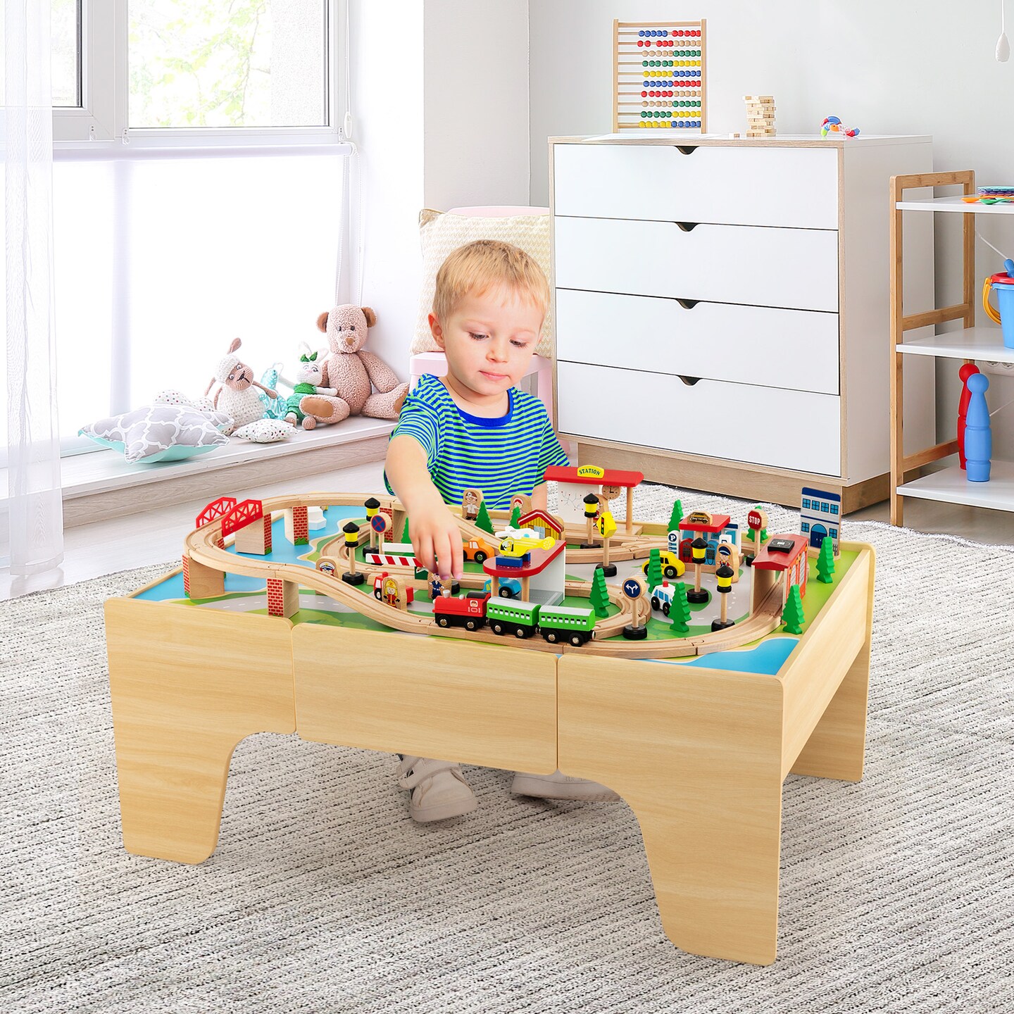 Natural Wood and MDF Train Set Table with Reversible Top and Storage Drawer
