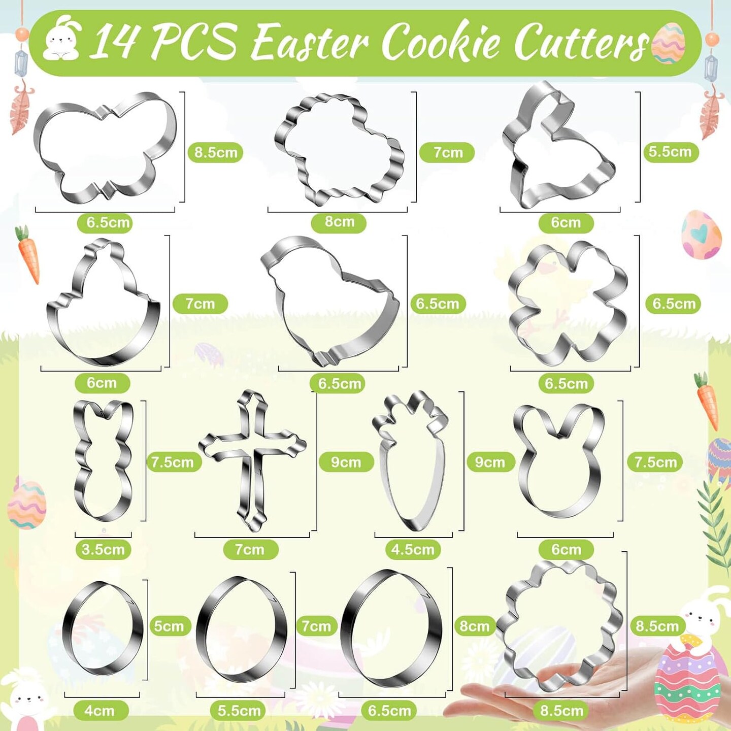 Easter Cookie Cutters Set, 14 Shapes Cookie Cutters for Easter, Stain Steel Egg Cookie Cutter with Bunny Carrot Rabbit Butterfly Egg Sheep Chick Flowers Crosses Shape Cookie Cutter