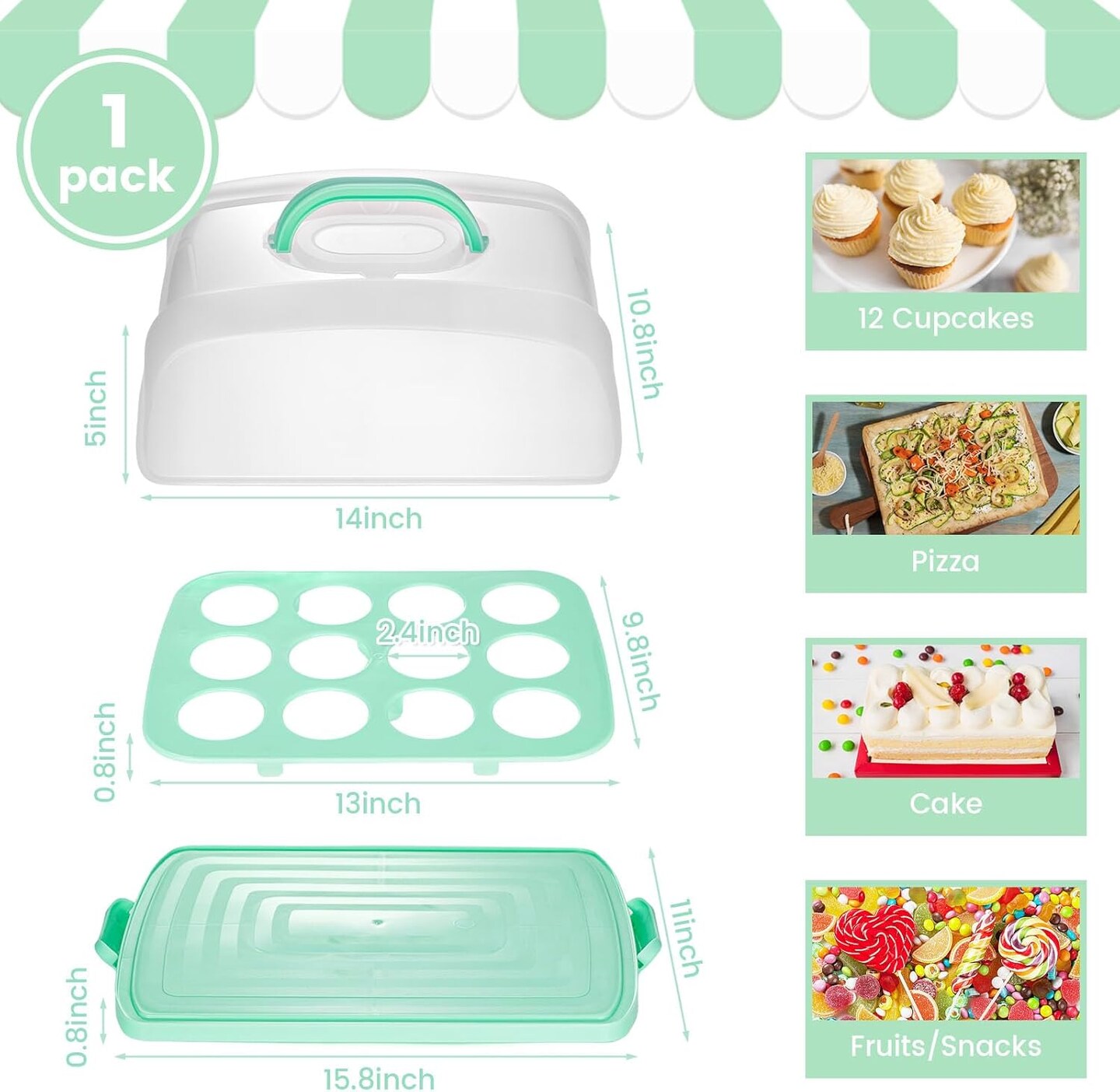 Cake Carrier with Lid, Green Cake Holder Cupcake Container for 12 Cupcakes 2 in 1 Portable Dessert Container for Cake Pie Muffin Cobbler